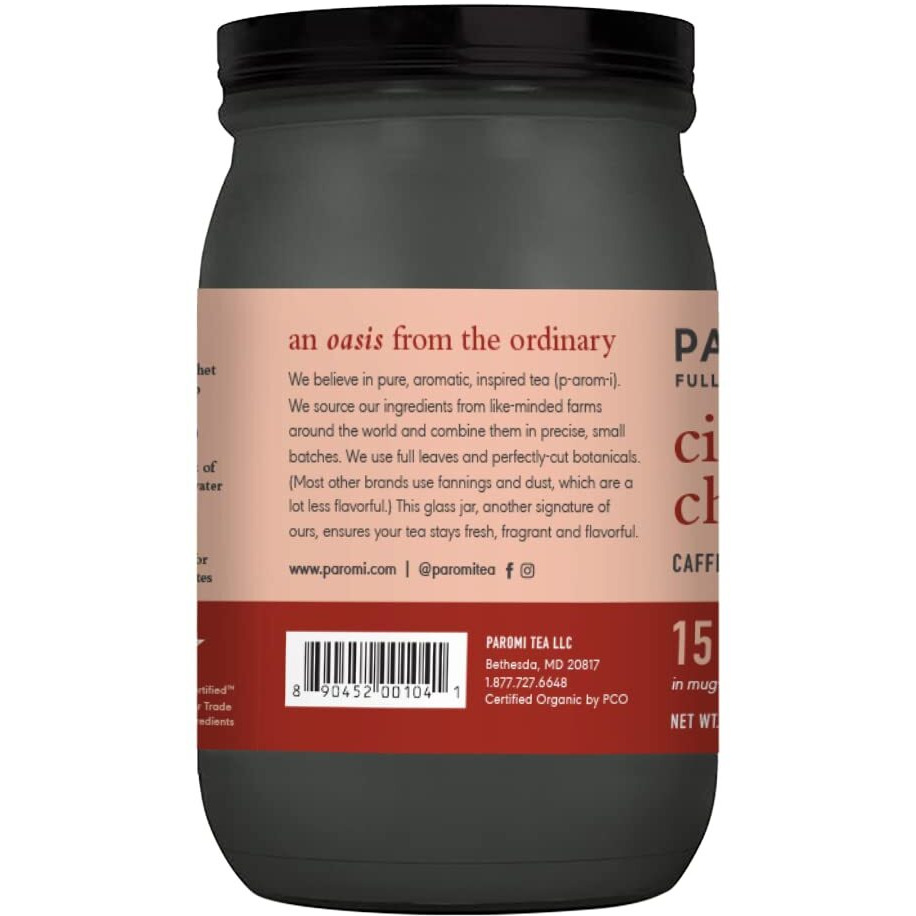 Paromi Cinnamon Chai Rooibos Organic Tea, Signature Jar, 15 Count