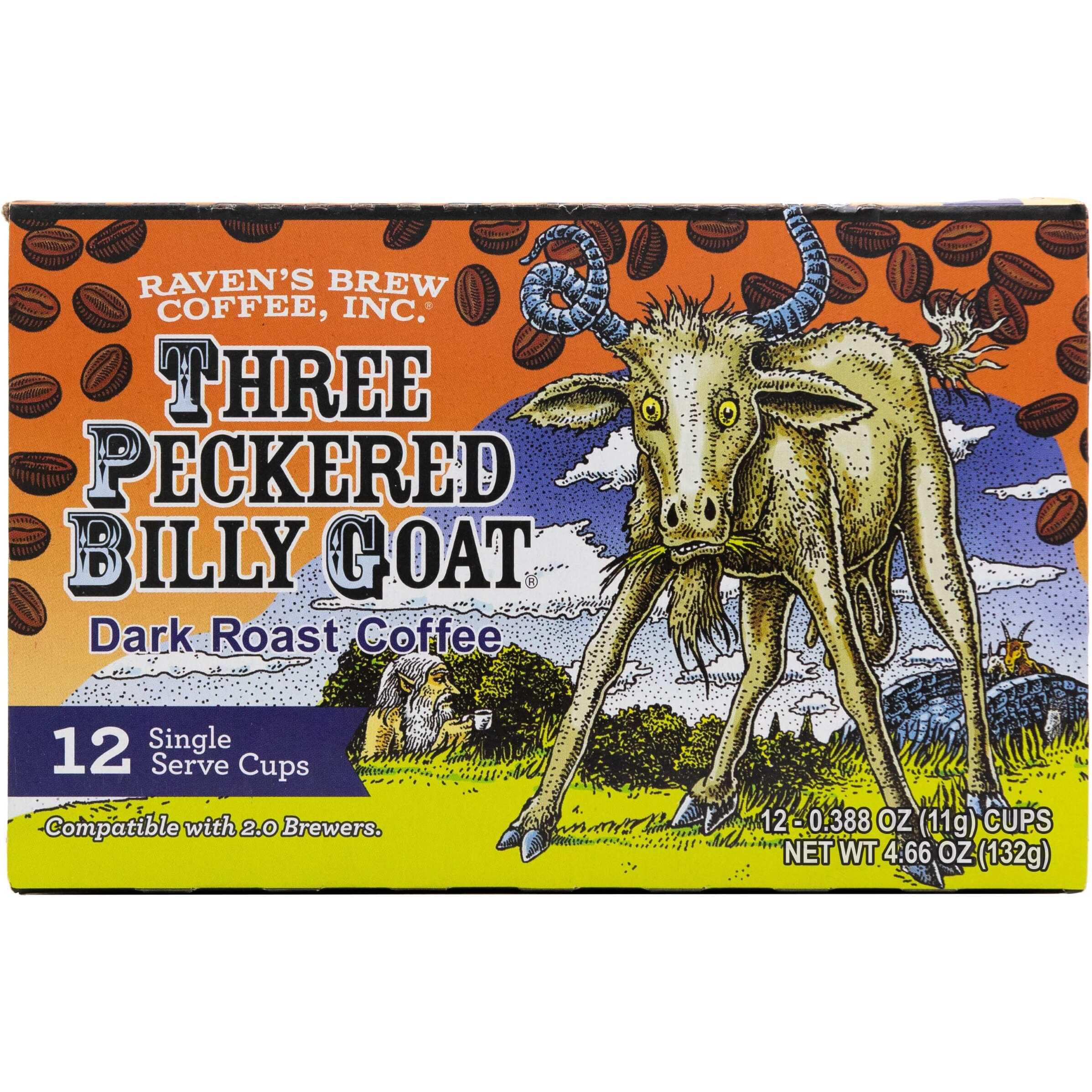 Ravens Brew Coffee High Caffeine Dark Roast K-Cup Compatible Single Serve Pods - Three Peckered Billy Goat 12Ct