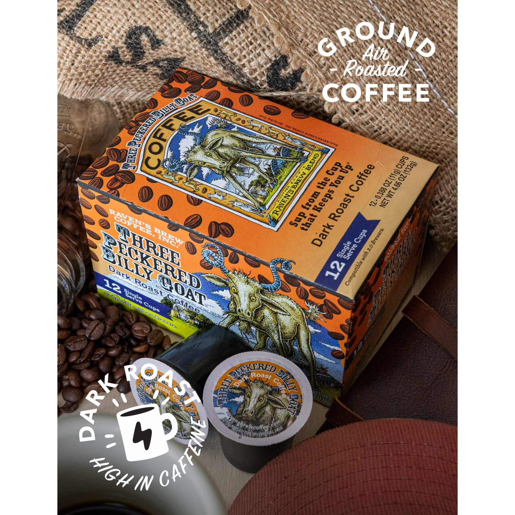 Ravens Brew Coffee High Caffeine Dark Roast K-Cup Compatible Single Serve Pods - Three Peckered Billy Goat 12Ct