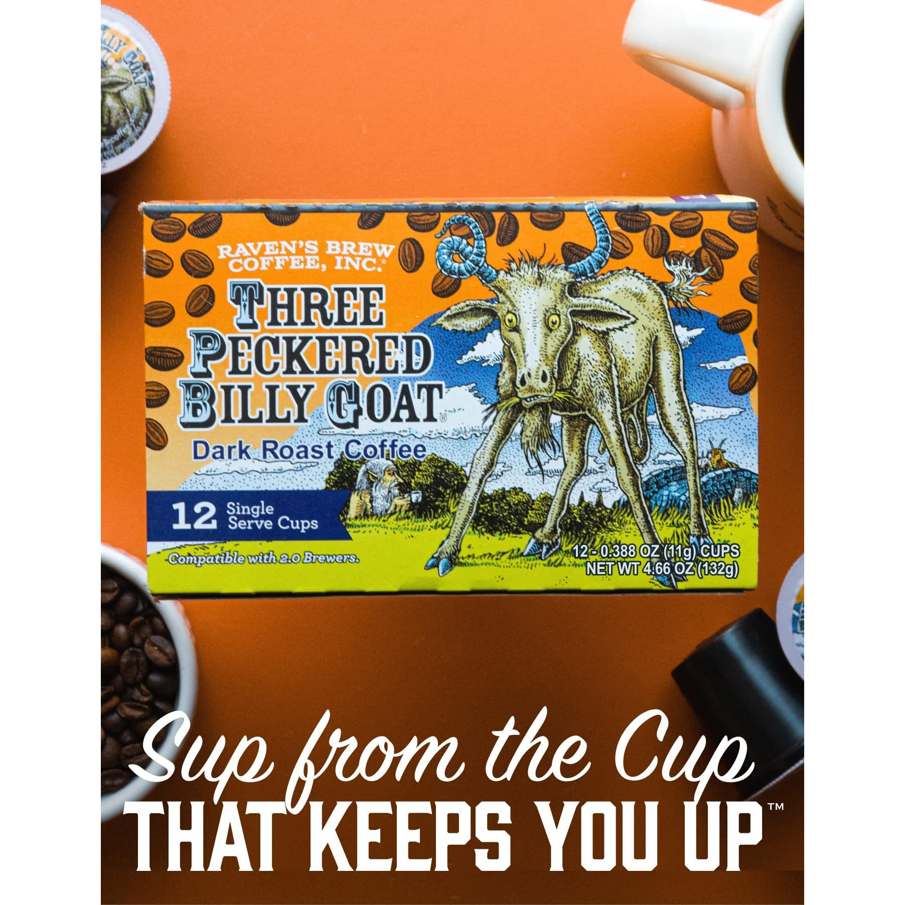 Ravens Brew Coffee High Caffeine Dark Roast K-Cup Compatible Single Serve Pods - Three Peckered Billy Goat 12Ct