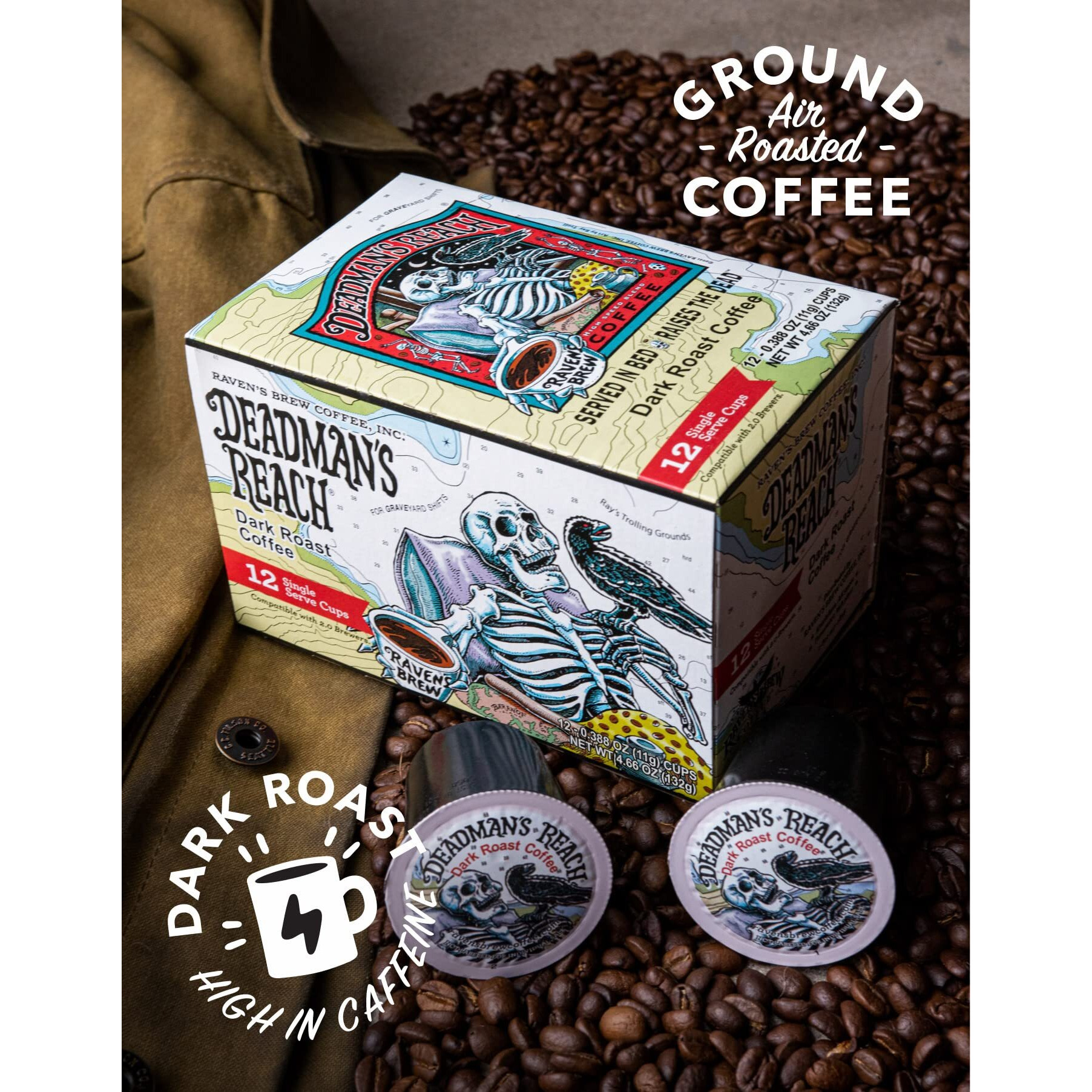 Ravens Brew Coffee High Caffeine Dark Roast K-Cup Compatible Single Serve Pods - Deadmans Reach 12Ct