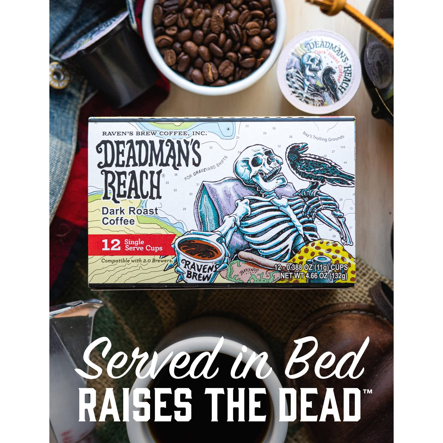 Ravens Brew Coffee High Caffeine Dark Roast K-Cup Compatible Single Serve Pods - Deadmans Reach 12Ct