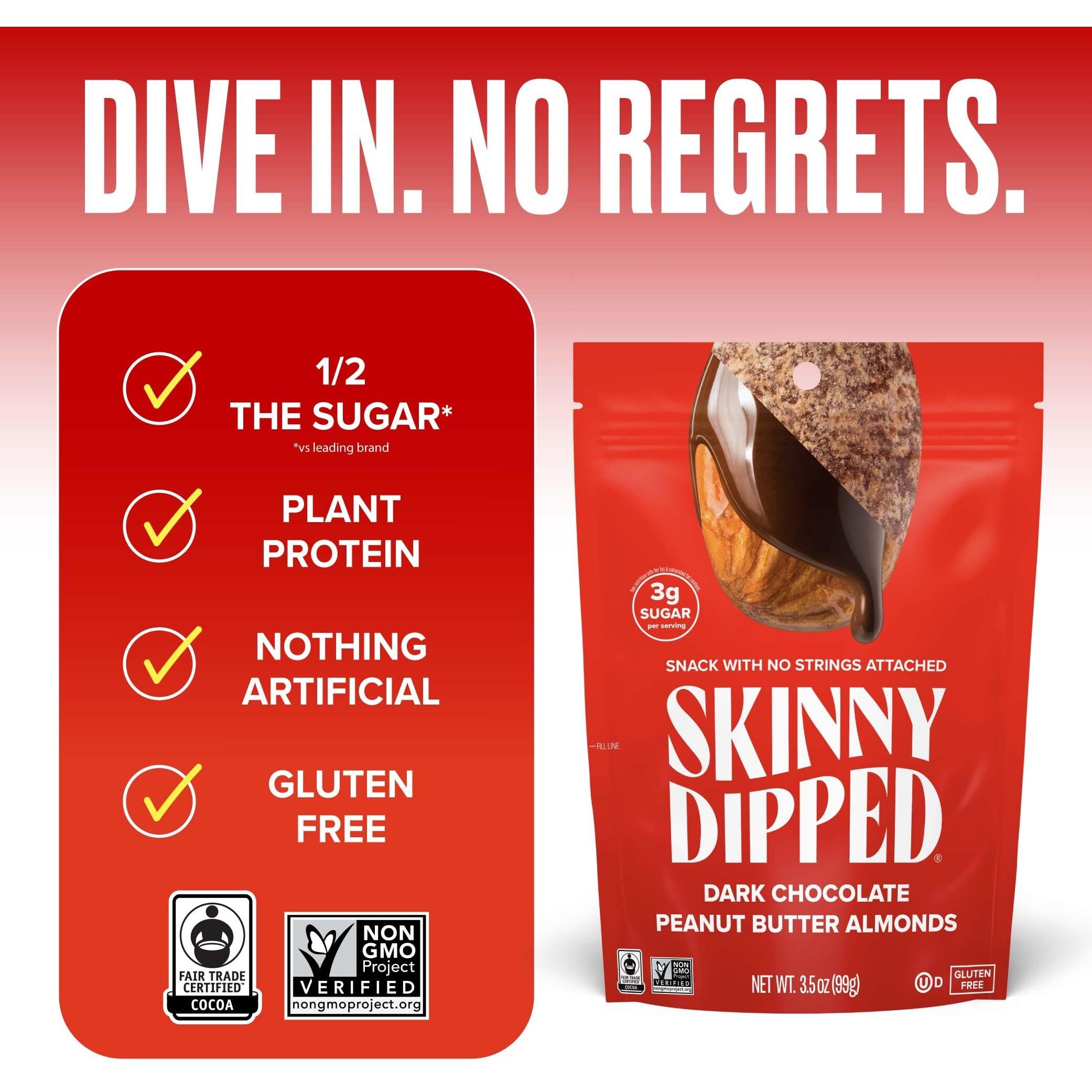 Skinnydipped Dark Chocolate Peanut Butter Almonds, Healthy Snack, Plant Protein, Gluten Free, 3.5 Oz Resealable Bags, Pack Of 1