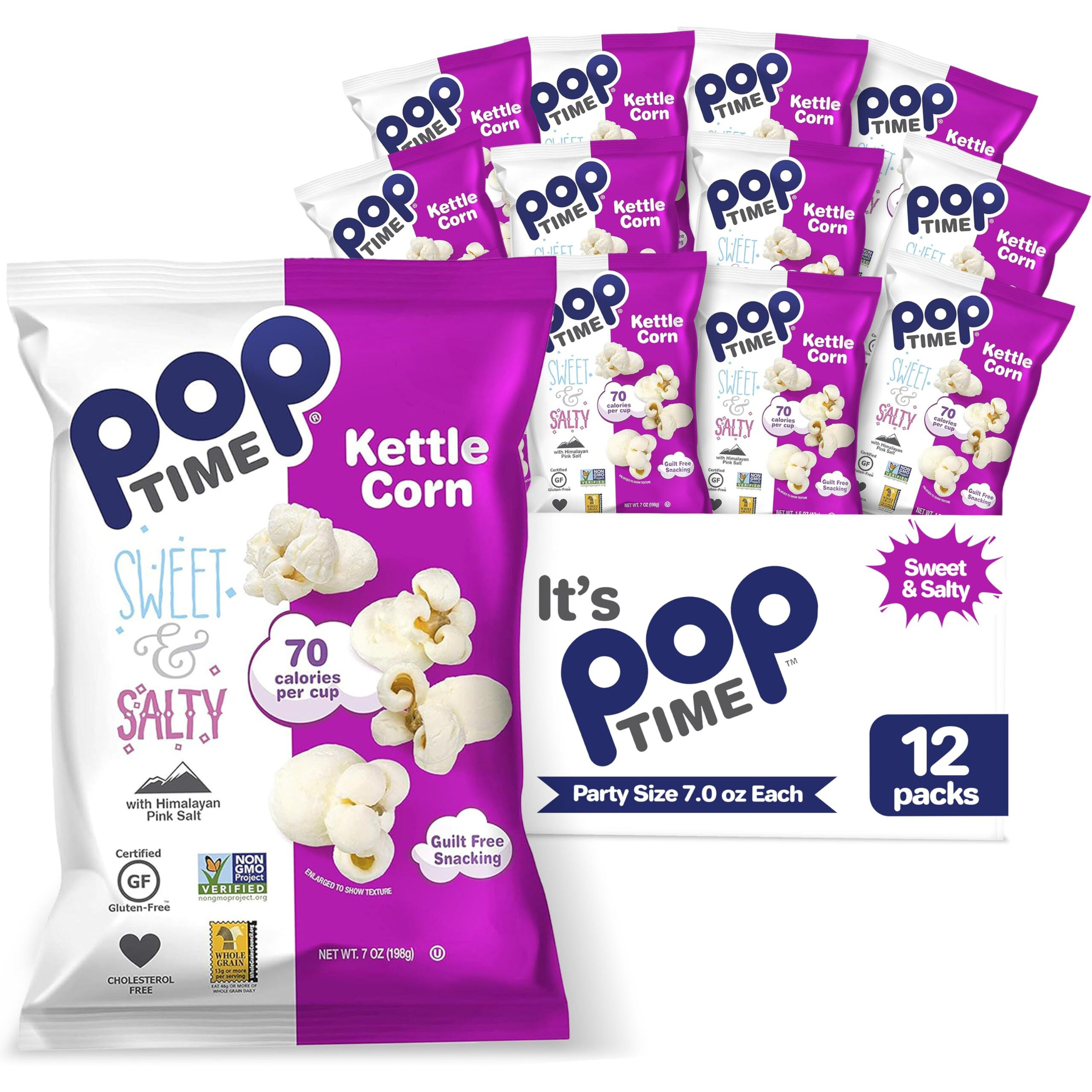 Poptime Kettle Cooked Popcorn Snack - Sweet & Salty - Kettle Corn - 7 Oz Bags, 12 Count - Whole Grain, Non-Gmo, Gluten-Free, Dairy-Free, Kosher - Low-Calorie Healthy Snack