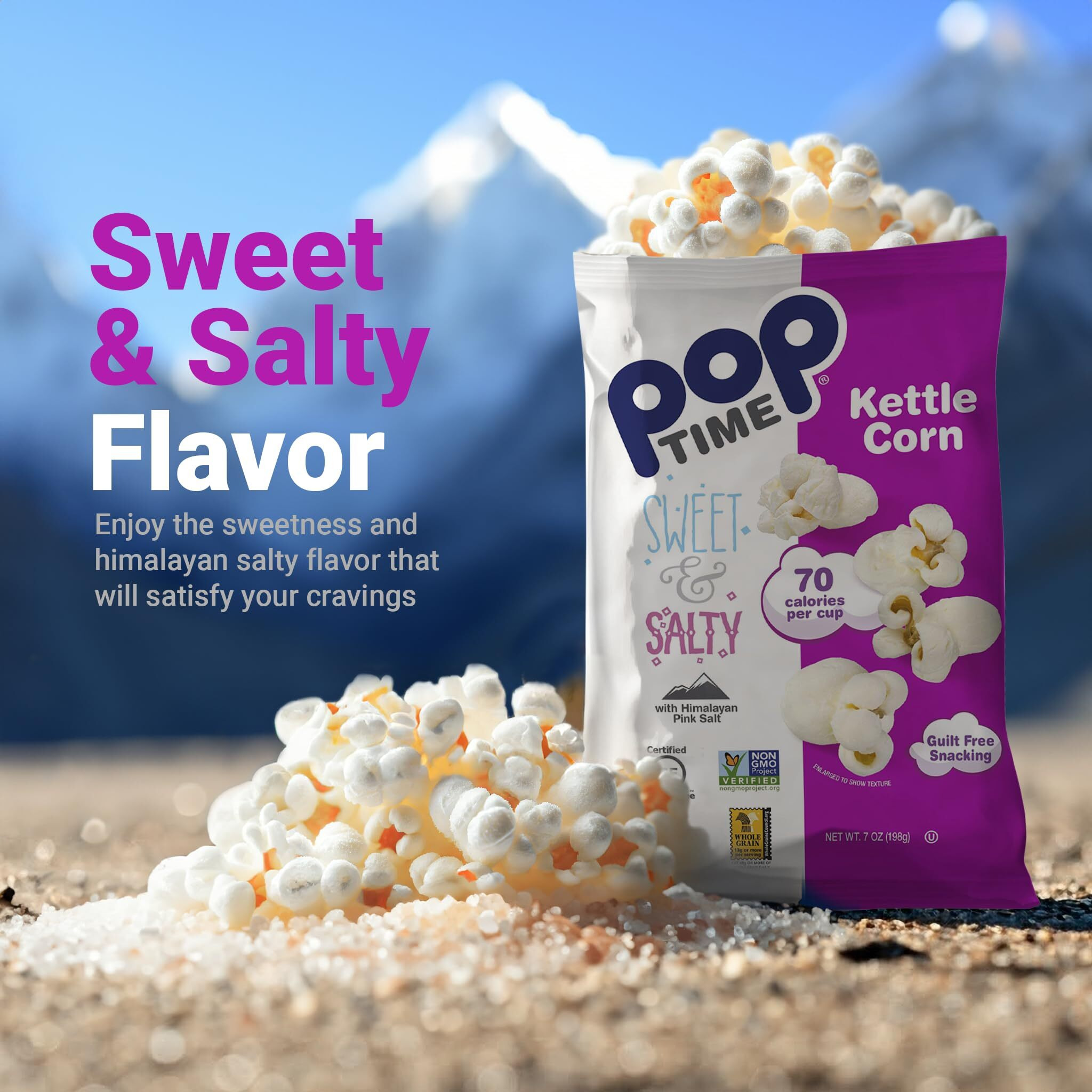 Poptime Kettle Cooked Popcorn Snack - Sweet & Salty - Kettle Corn - 7 Oz Bags, 12 Count - Whole Grain, Non-Gmo, Gluten-Free, Dairy-Free, Kosher - Low-Calorie Healthy Snack