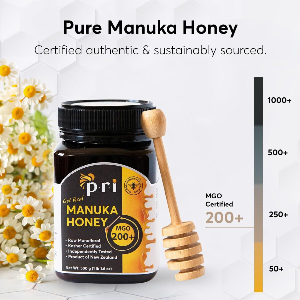 P.R.I Manuka Honey, Certified Mgo 200+, Raw New Zealand Manuka Honey, 500G Jar