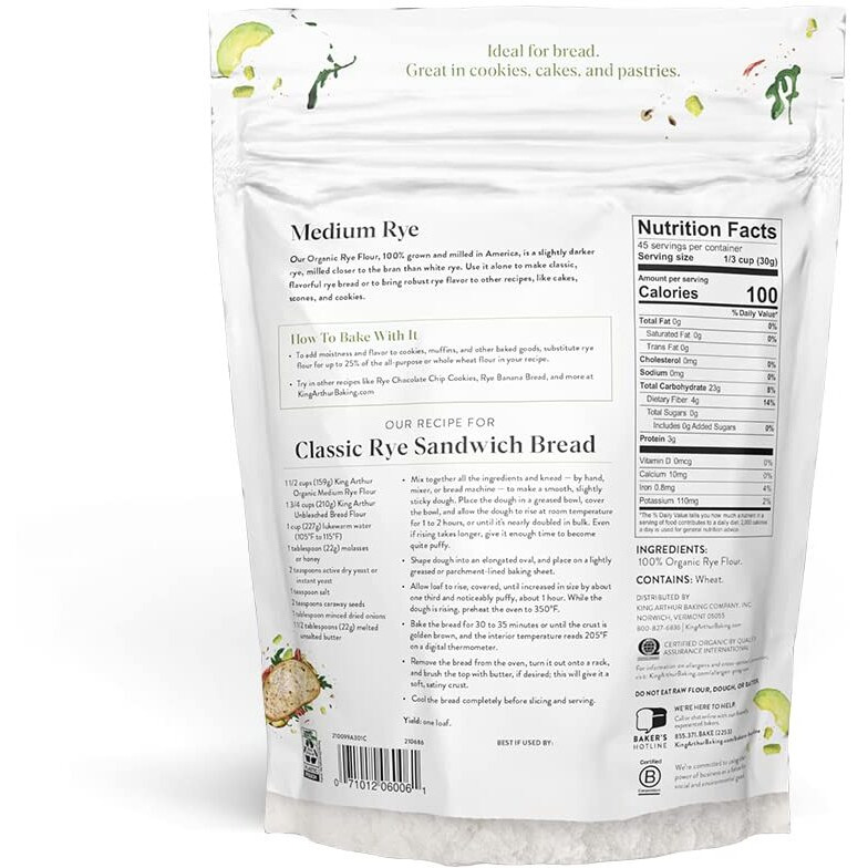 King Arthur Baking Organic Medium Rye Flour - 3 Lbs For Complex Flavorful Breads & Baked Goods - 100% Us Grown & Milled - Non-Gmo Project Verified - Robust Flavor For Rye Bread, Cookies & More