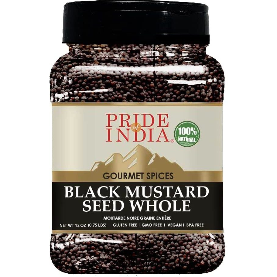 Pride Of India | Black Mustard Seed 10 Oz (283 Gm) Medium Dual Sifter Bottle | Gourmet & Vegan Indian Spice | Pungent/Spicy Flavor | Dry Seasoning | Gluten Free & Non-Bioengineered | Easy To Use