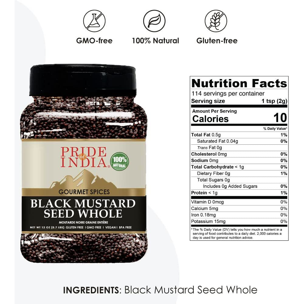 Pride Of India | Black Mustard Seed 10 Oz (283 Gm) Medium Dual Sifter Bottle | Gourmet & Vegan Indian Spice | Pungent/Spicy Flavor | Dry Seasoning | Gluten Free & Non-Bioengineered | Easy To Use