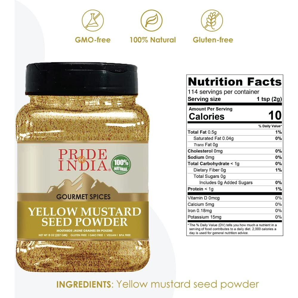Pride Of India - Yellow Mustard Ground - Gourmet Spice - Ideal For Pickles/Mustard Dressing/Sauces/ Hotdogs - Preservatives & Additives Free - Easy To Store - 8Oz. Medium Dual Sifter