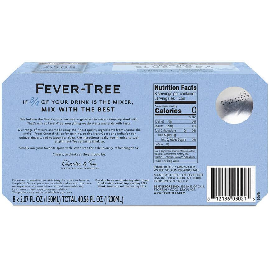 Fever Tree Club Soda Club Soda - Premium Quality Mixer - Refreshing Beverage For Cocktails & Mocktails. Naturally Sourced Ingredients, No Artificial Sweeteners Or Colors - 150 Ml Cans - Pack Of 8