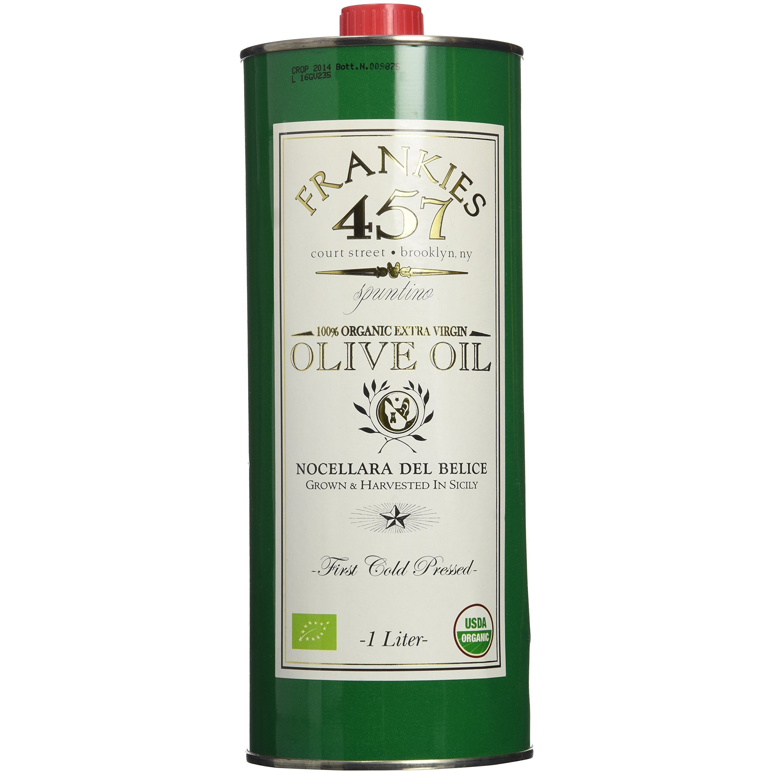 Frankies 457 Extra Virgin Organic Olive Oil - Premium Castelvetrano Olive Oil - Harvested In Sicily - Pure Authentic Italian - Monovarietal - Rich In Flavor - First Cold Pressed - 33.8 Fl Oz (1L)