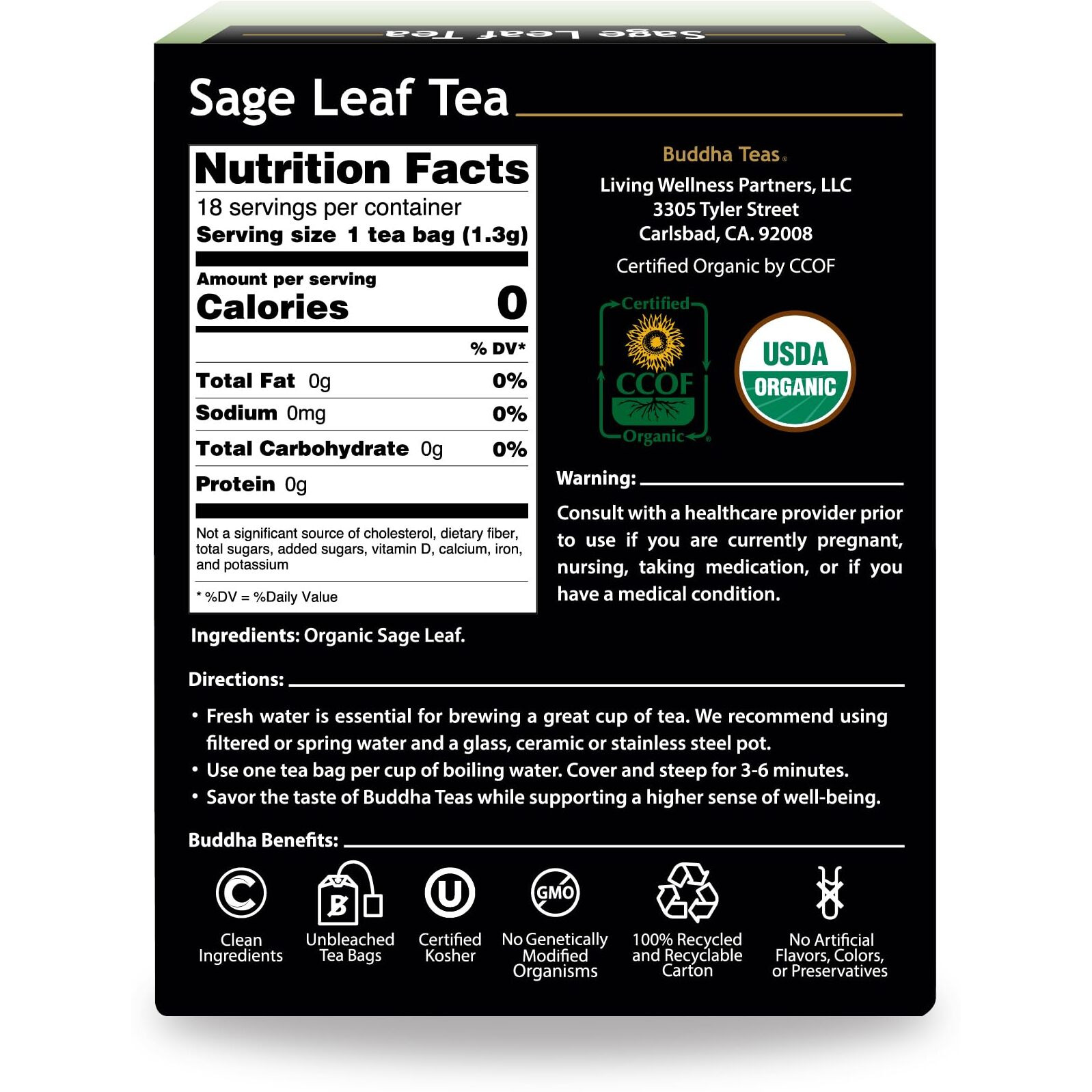 Buddha Teas Organic Sage Leaf Tea - Ou Kosher, Usda Organic, Ccof Organic, 18 Bleach-Free Tea Bags
