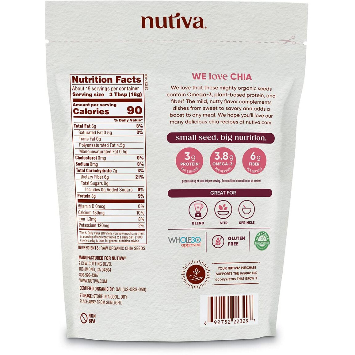 Nutiva Organic Premium Raw Ground Chia Seeds, 12 Oz, Usda Organic, Non-Gmo, Whole 30 Approved, Vegan, Gluten-No & Keto, Nutrient-Dense Seeds With 3G Protein & 5G Fiber For Salads, Yogurt & Smoothies