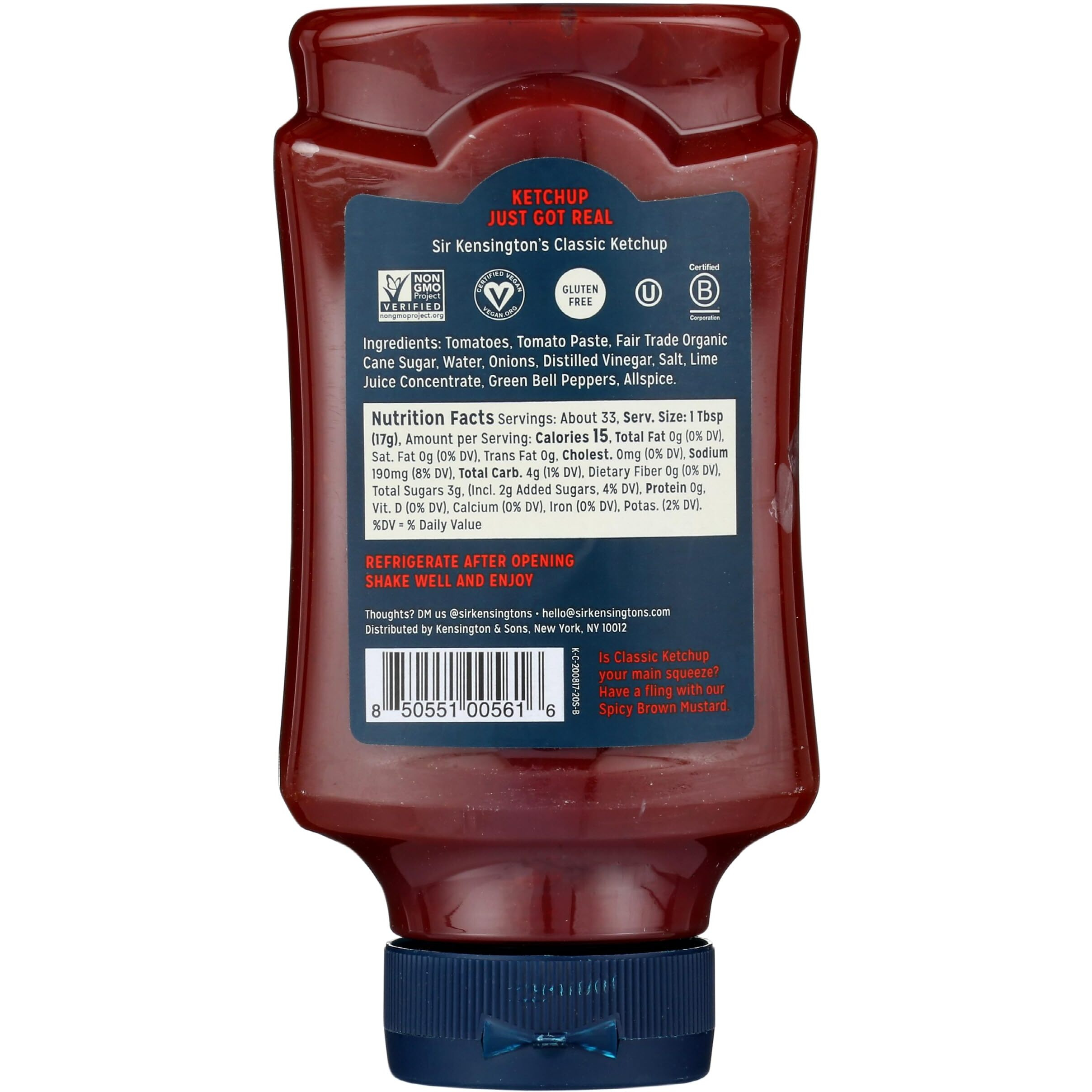 Sir Kensington's Classic Ketchup, From Whole Tomatoes, No High Fructose Corn Syrup, Gluten Free, Certified Vegan, Non- Gmo Project Verified, Shelf-Stable, 20 Oz