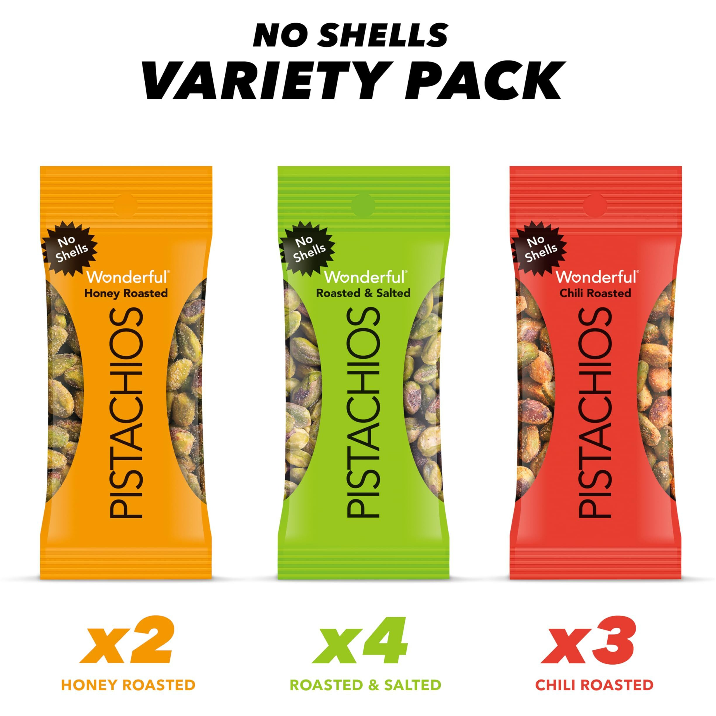 Wonderful Pistachios No Shells, 3 Flavors Mixed Variety Pack Of 9 (0.75 Ounce), Roasted & Salted Nuts (4), Chili Roasted (3), Honey Roasted (2), Protein Snacks, Gluten Free, Pantry Staples, Healthy Snacks Variety Pack For Adults