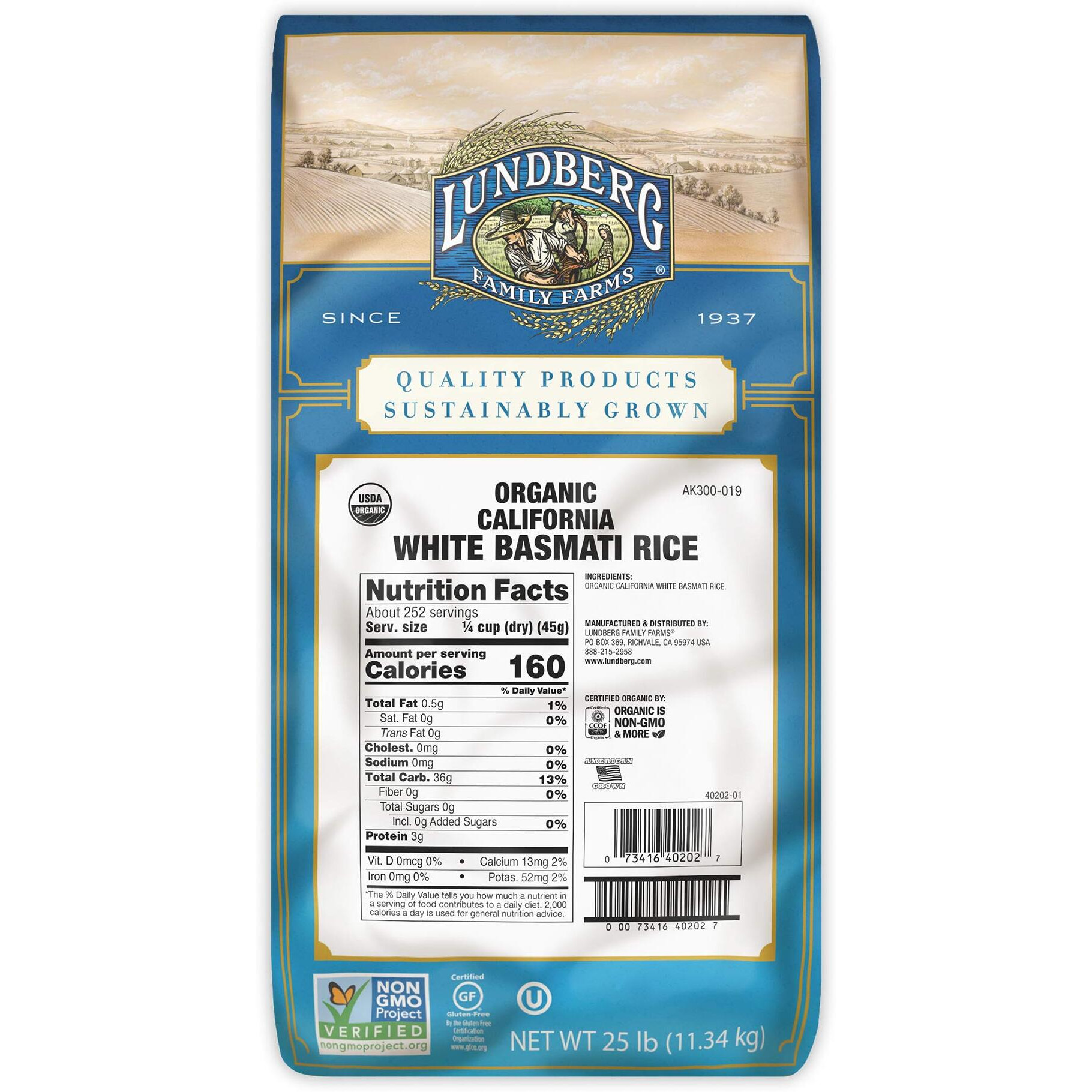 Lundberg Family Farms - Organic California White Basmati Rice, Pleasant Aroma, Fluffy Texture, Won'T Clump When Cooked, Bulk Rice, Gluten-Free, Non-Gmo, Usda Certified Organic, Vegan, Kosher (25 Lb)