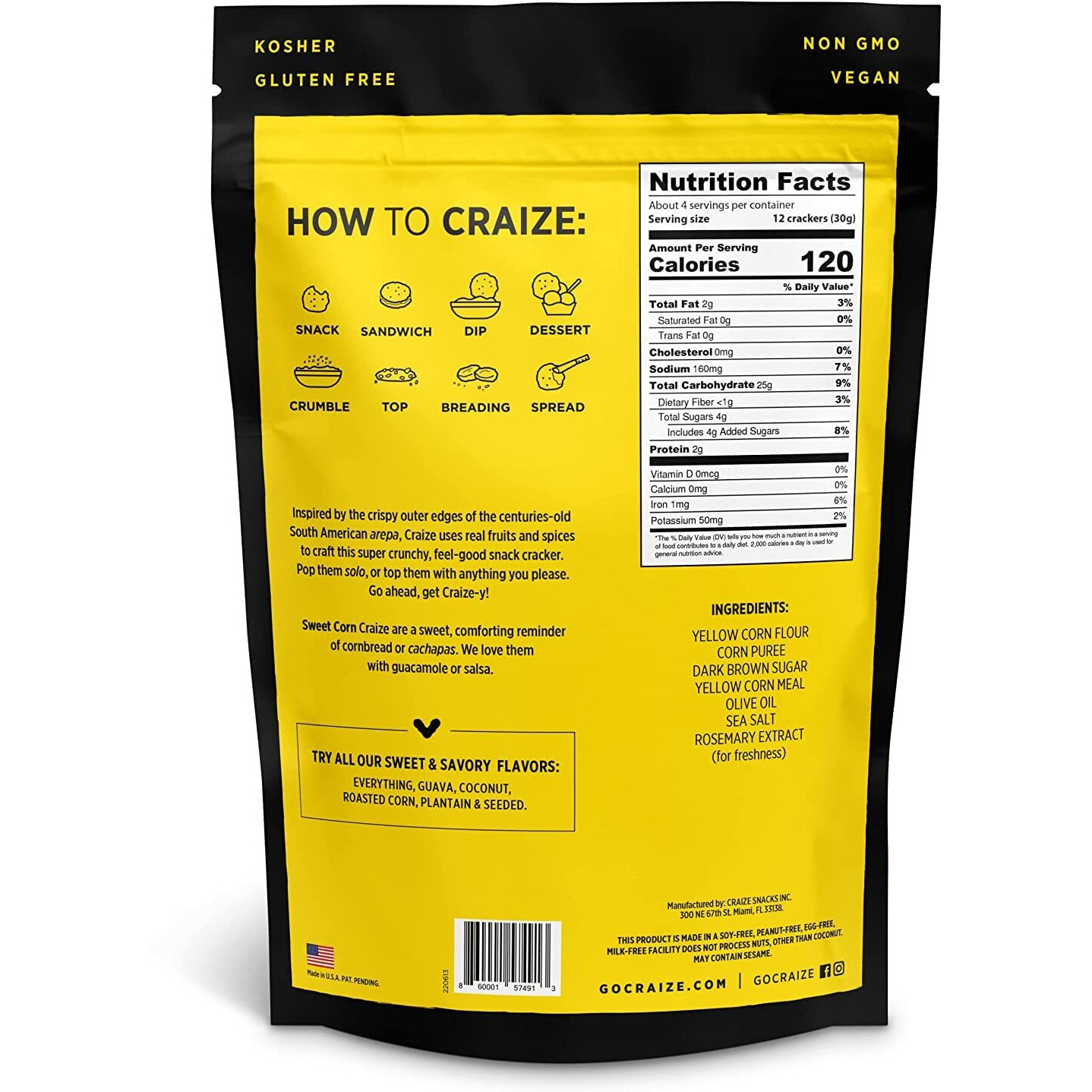 Craize Sweet Corn Crisps | Gluten Free, Vegan, Kosher, Toasted Corn Crackers | 4 Oz Each