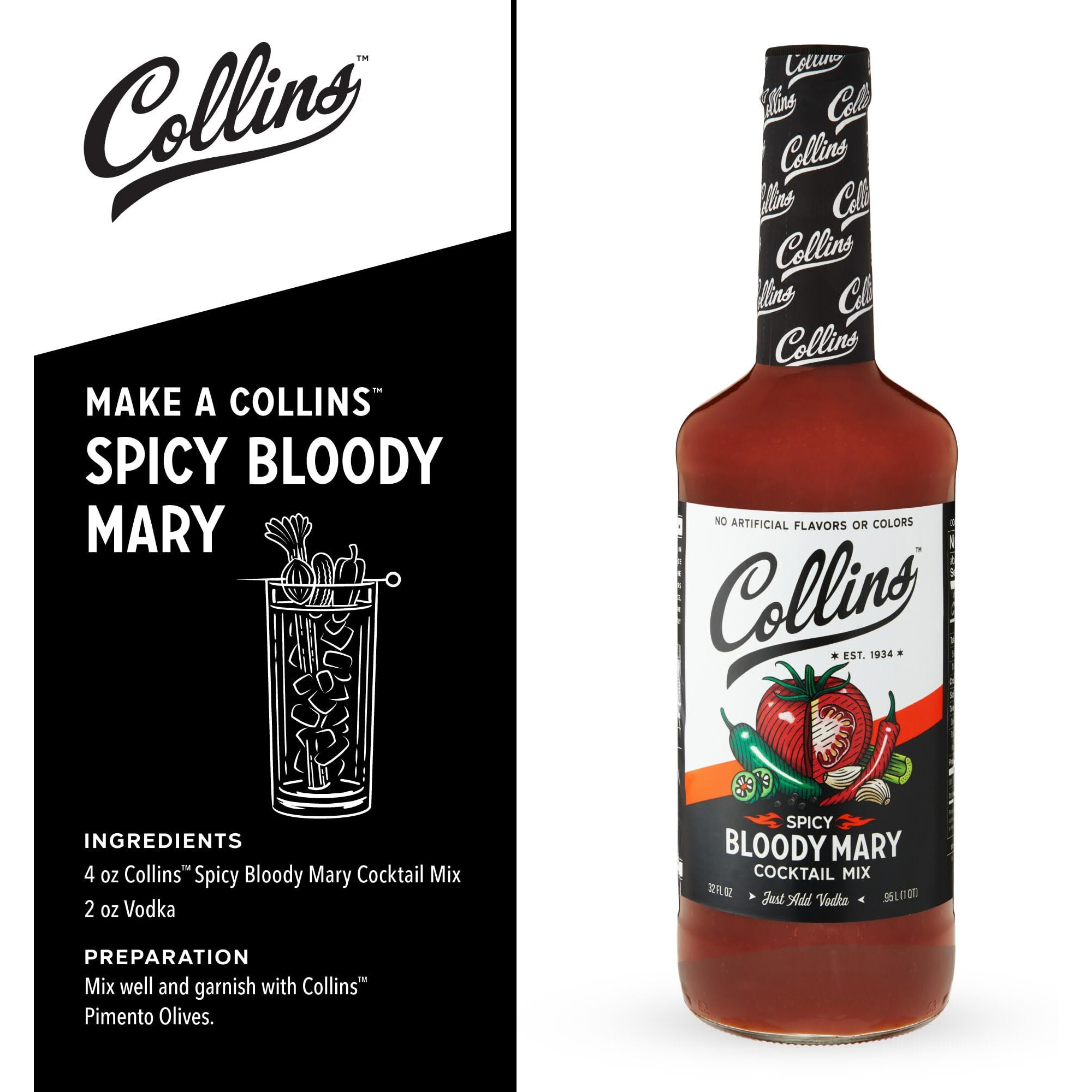 Collins Spicy Bloody Mary Mix, Made With Tomato, Garlic, Worcestershire, Horseradish, Cayenne And Other Spices, Brunch Cocktail Recipe, Bartender Mixer, Drinking Gifts, Home Cocktail Bar, 32 Fl Oz