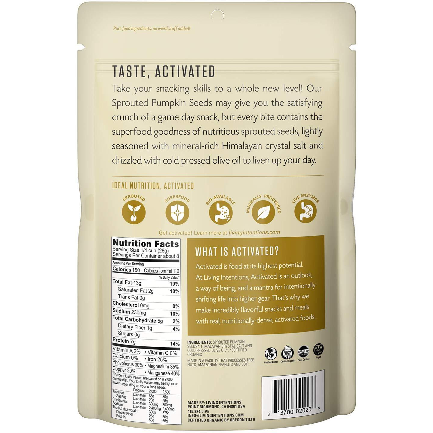 Living Intentions Organic Sprouted Pumpkin Seeds Salted - Nongmo - Gluten Free - Vegan -Kosher - Paleo - 8 Ounce Unit