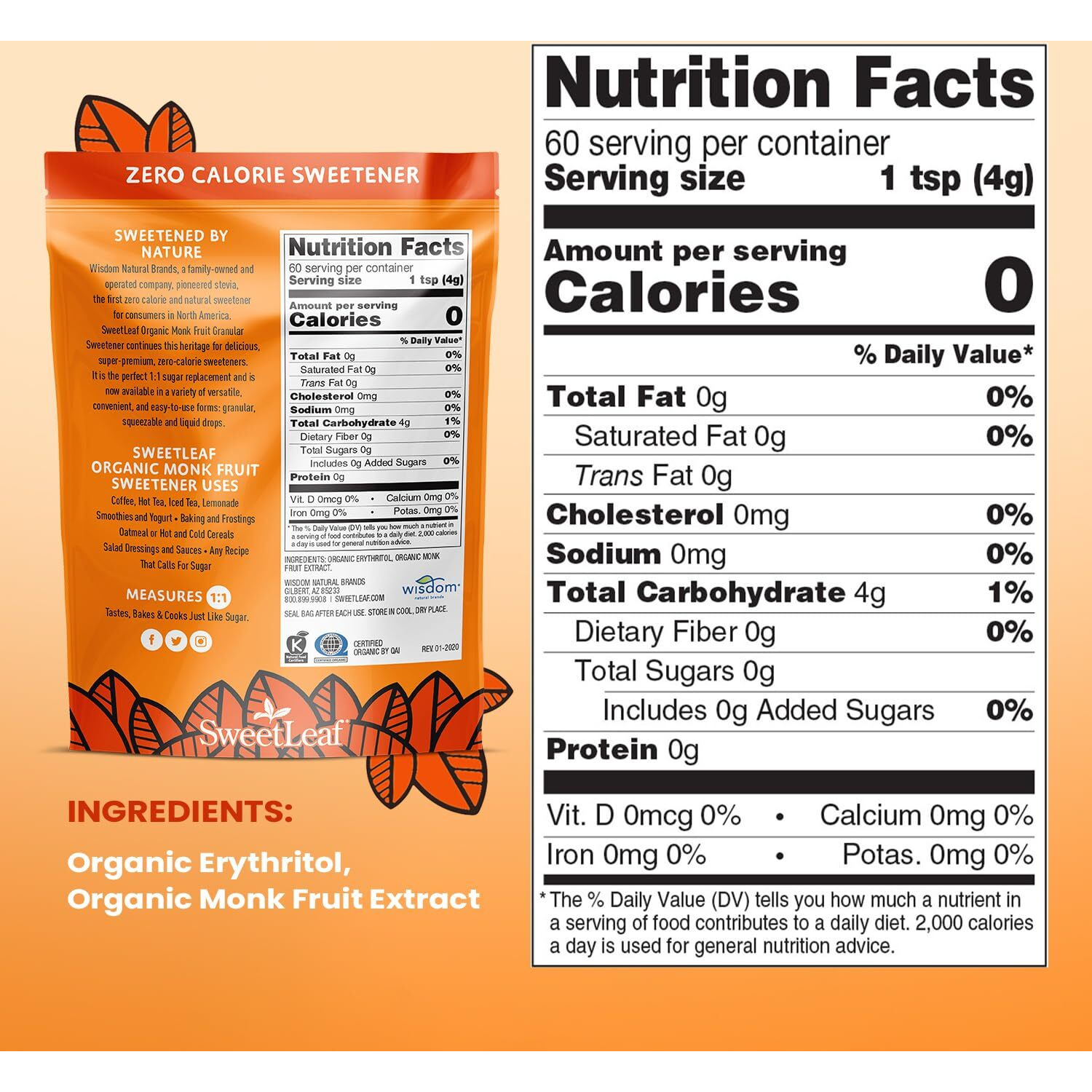 Sweetleaf Organic Monk Fruit Sweetener, Granular  Zero-Calorie, Natural Sugar Substitute For Coffee, Tea, And Baking, Organic Monk Fruit, Non Gmo, Keto Friendly, 0 Sugars - 8.47 Bag