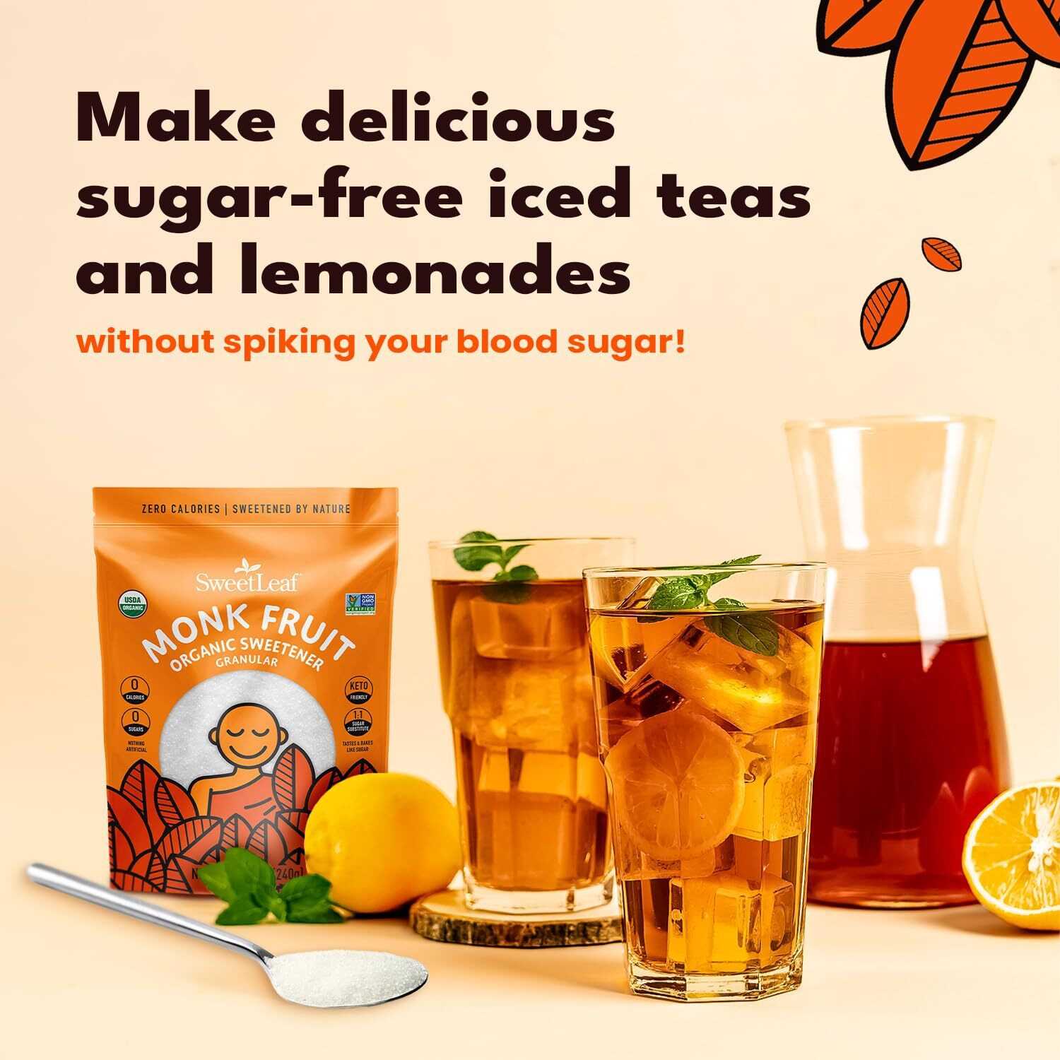 Sweetleaf Organic Monk Fruit Sweetener, Granular  Zero-Calorie, Natural Sugar Substitute For Coffee, Tea, And Baking, Organic Monk Fruit, Non Gmo, Keto Friendly, 0 Sugars - 8.47 Bag