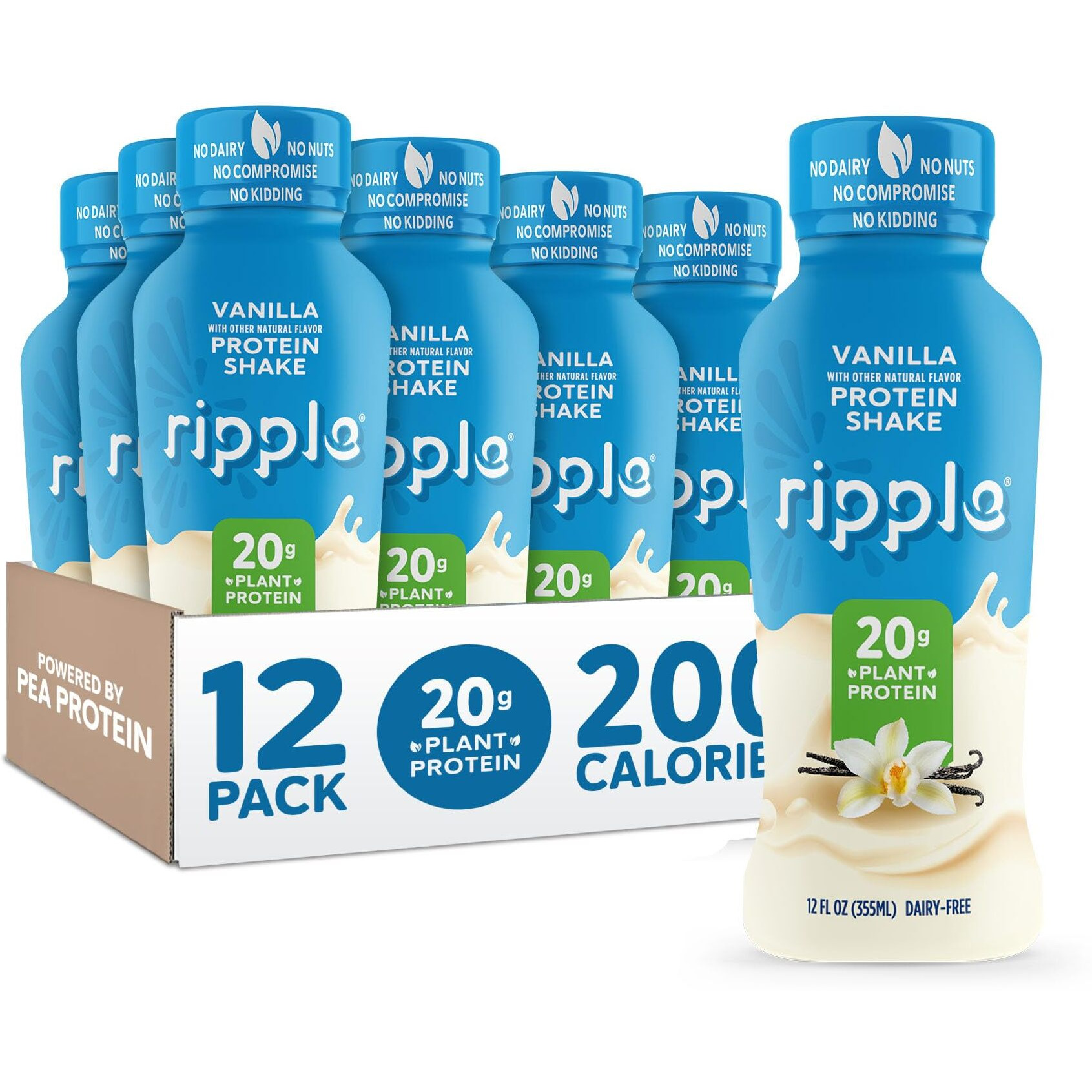 Ripple Vegan Protein Shake | Vanilla | 20G Nutritious Plant Based Pea Protein | Shelf Stable | No Gmos, Soy, Nut, Gluten, Lactose | 12 Oz, 12 Pack