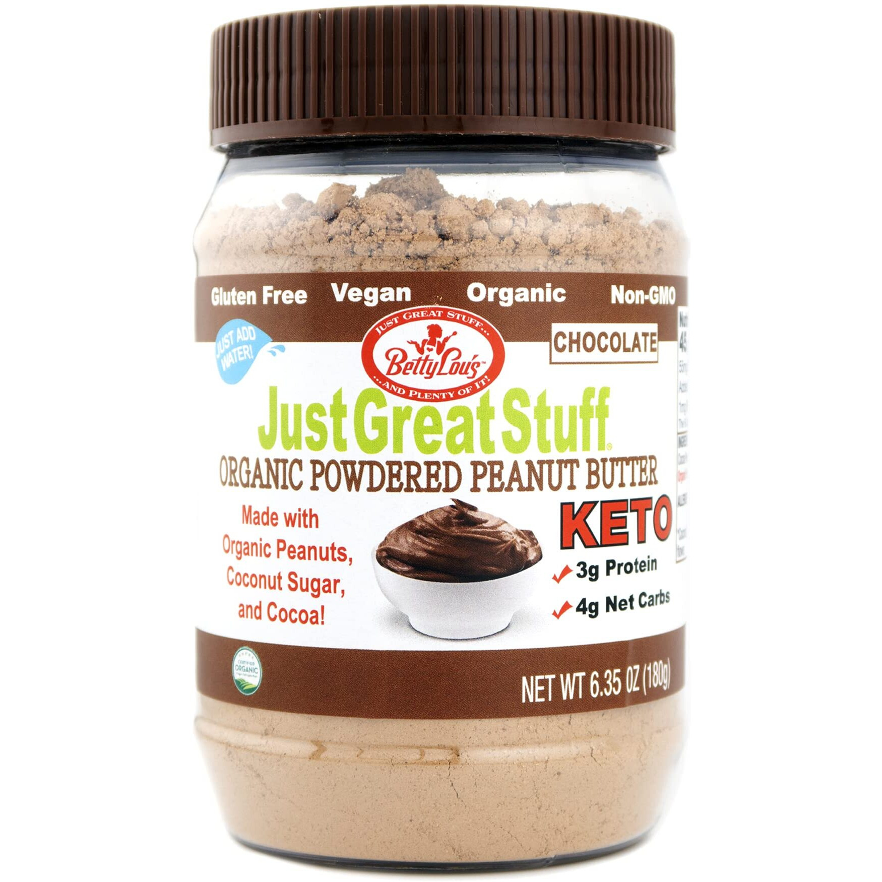 Betty Lou's 100% Organic Chocolate Peanut Butter Powder, Gluten Free, Vegan, Low Calorie, All Natural, High Protein, Deliciously Healthy, Just Add Water (6.35 Oz)