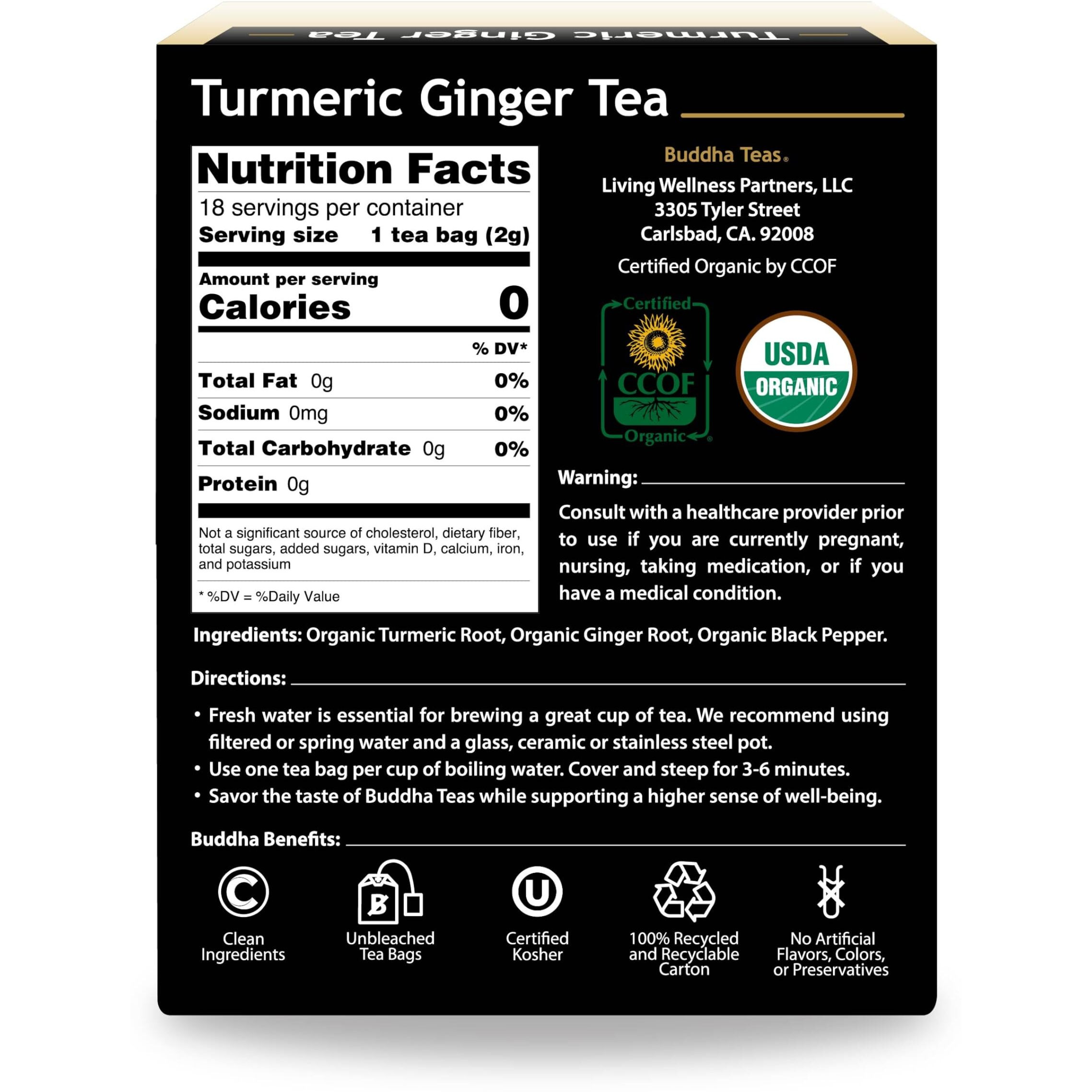 Buddha Teas Organic Turmeric Ginger Tea - Ou Kosher, Usda Organic, Ccof Organic, 18 Bleach-Free Tea Bags
