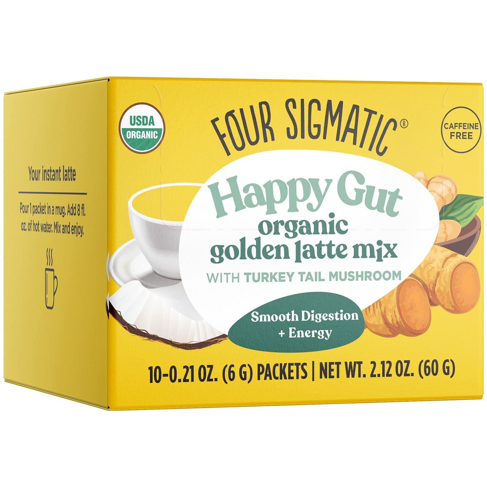 Golden Latte By Four Sigmatic | Organic Instant Golden Latte With Turkey Tail, Turmeric & Coconut Milk Powder | Supports Healthy Skin & Stress | Decaf & No Dairy | 10 Count