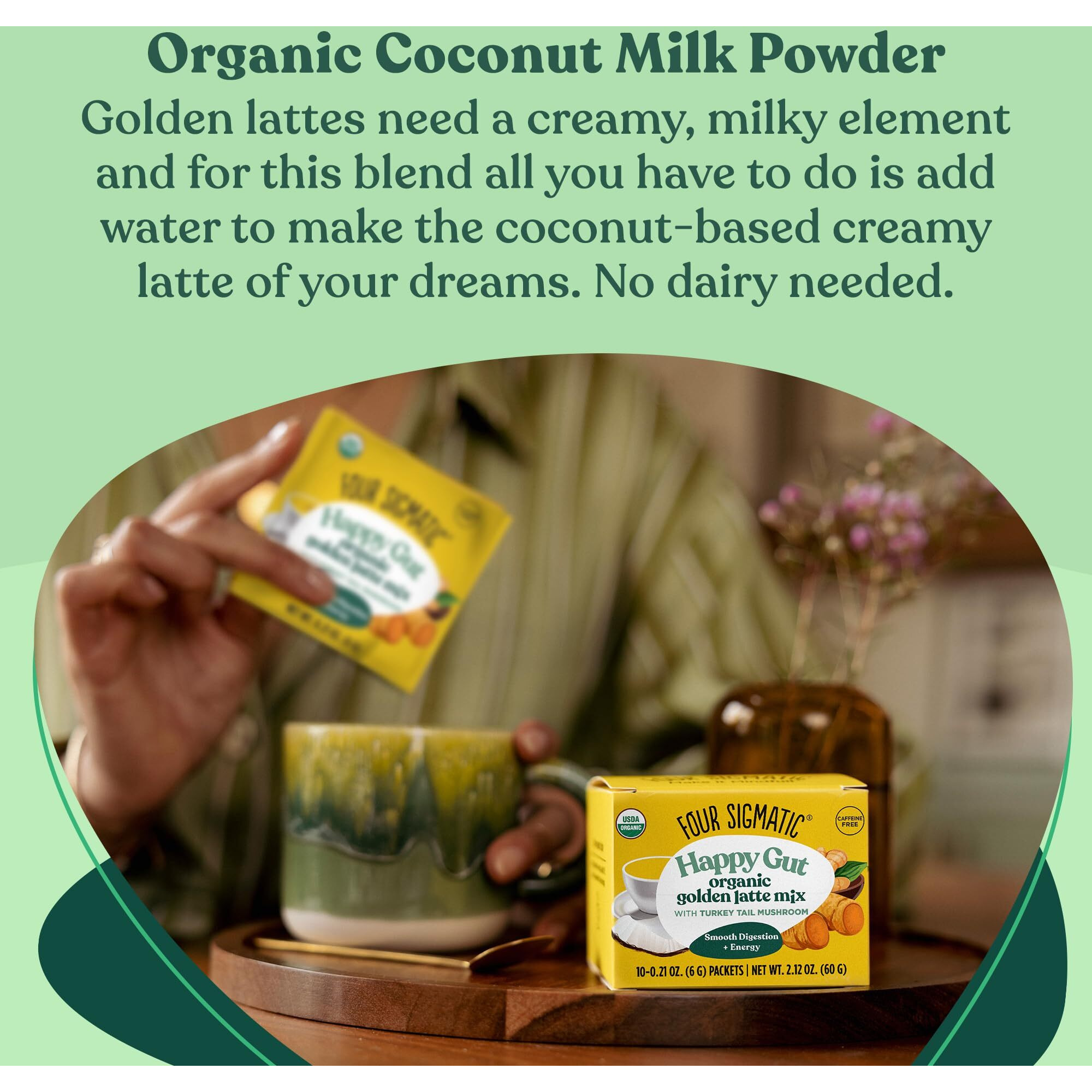 Golden Latte By Four Sigmatic | Organic Instant Golden Latte With Turkey Tail, Turmeric & Coconut Milk Powder | Supports Healthy Skin & Stress | Decaf & No Dairy | 10 Count