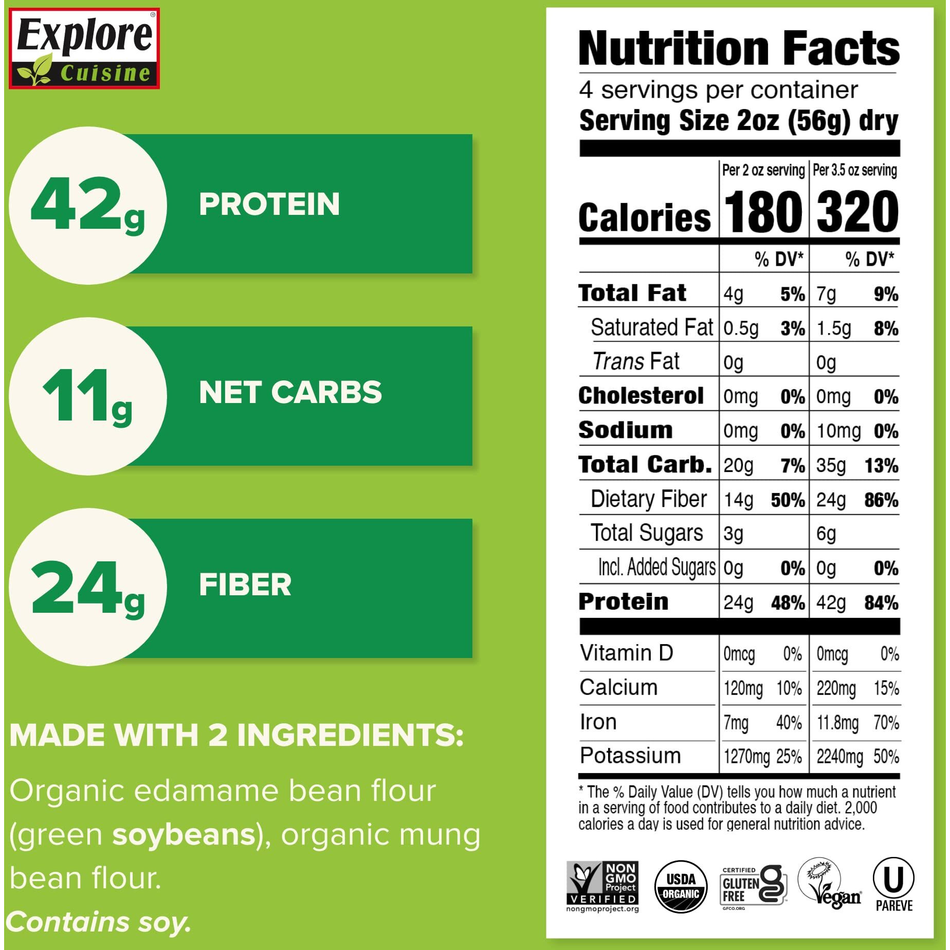 Explore Cuisine Organic Edamame & Mung Bean Fettuccine - 8 Oz - Easy-To-Make Pasta - High In Plant-Based Protein - Non-Gmo, Gluten Free,