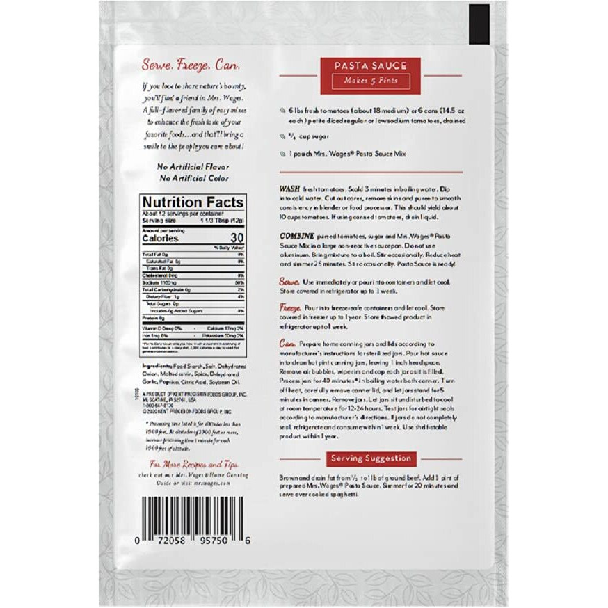 Mrs. Wages Pasta Sauce Canning Mix, Easy-To-Use, Simple Homemade Pasta Sauce, Great Flavor, Easy To Freeze Or Serve Fresh, 5 Oz Packet (Value Pack Of 6)