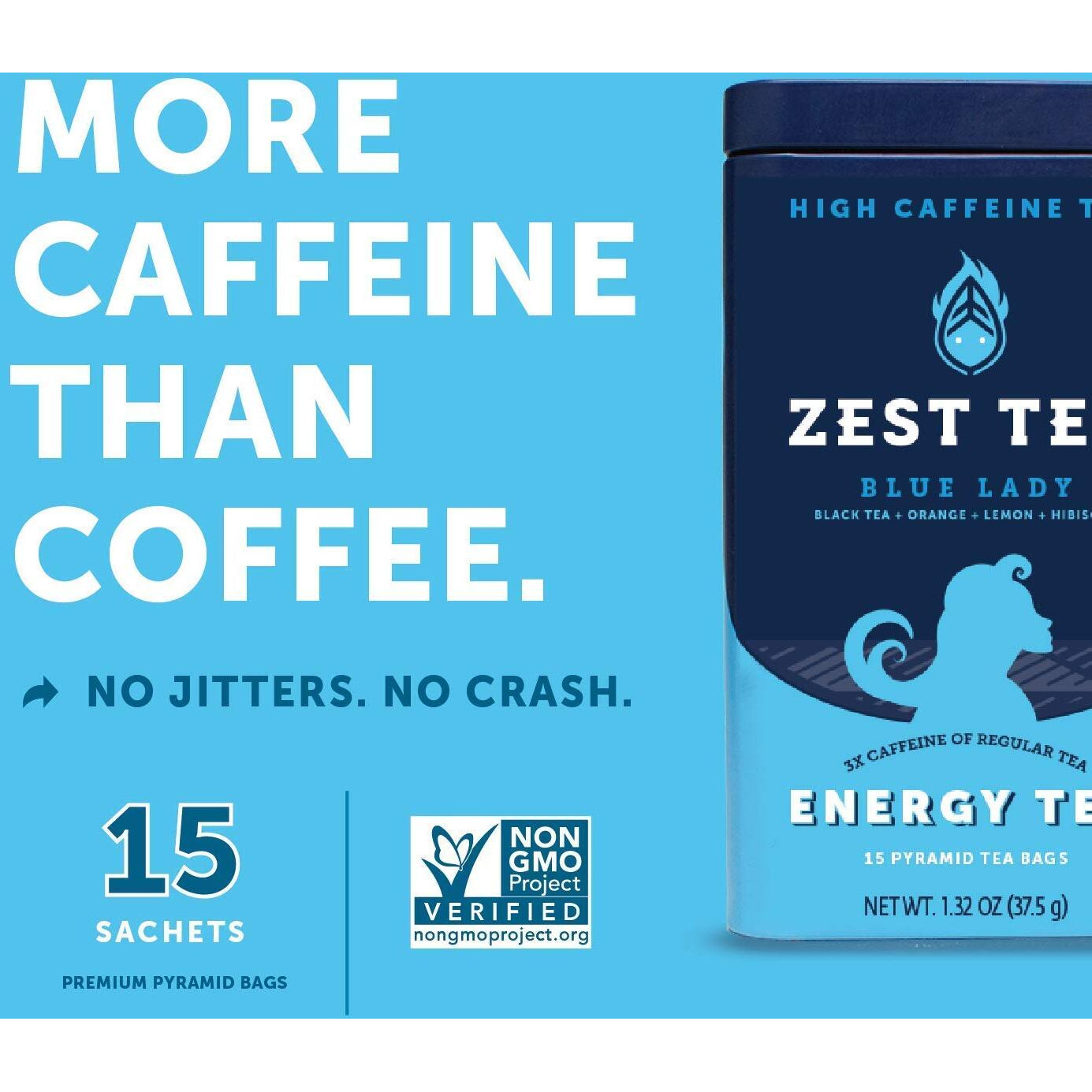 Zest Tea Premium Energy Hot Tea, High Caffeine Blend Natural & Healthy Traditional Black Coffee Substitute, Perfect For Keto, 150 Mg Caffeine Per Serving, Blue Lady Black Tea, Tin Of 15 Sachet Bags
