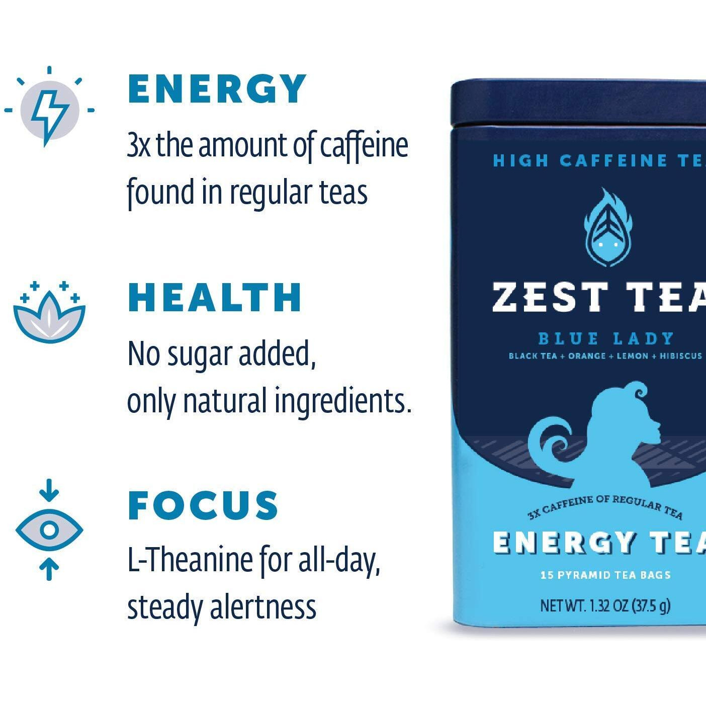 Zest Tea Premium Energy Hot Tea, High Caffeine Blend Natural & Healthy Traditional Black Coffee Substitute, Perfect For Keto, 150 Mg Caffeine Per Serving, Blue Lady Black Tea, Tin Of 15 Sachet Bags