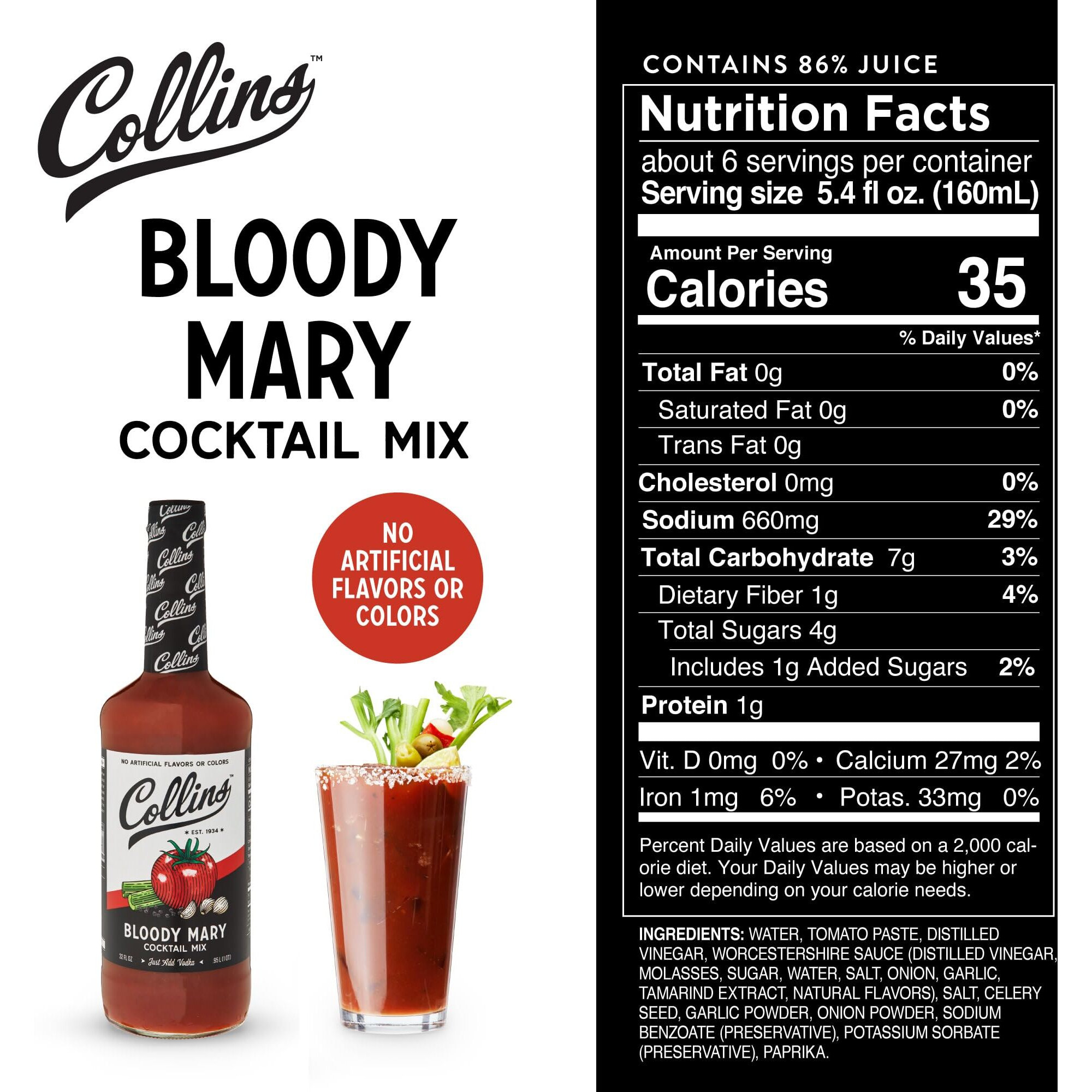Collins Classic Bloody Mary Mix, Made With Tomato, Garlic, Worcestershire Sauce And Spices, Brunch Cocktail Recipe Ingredient, Bartender Mixer, Drinking Gifts, Home Cocktail Bar, 32 Fl Oz