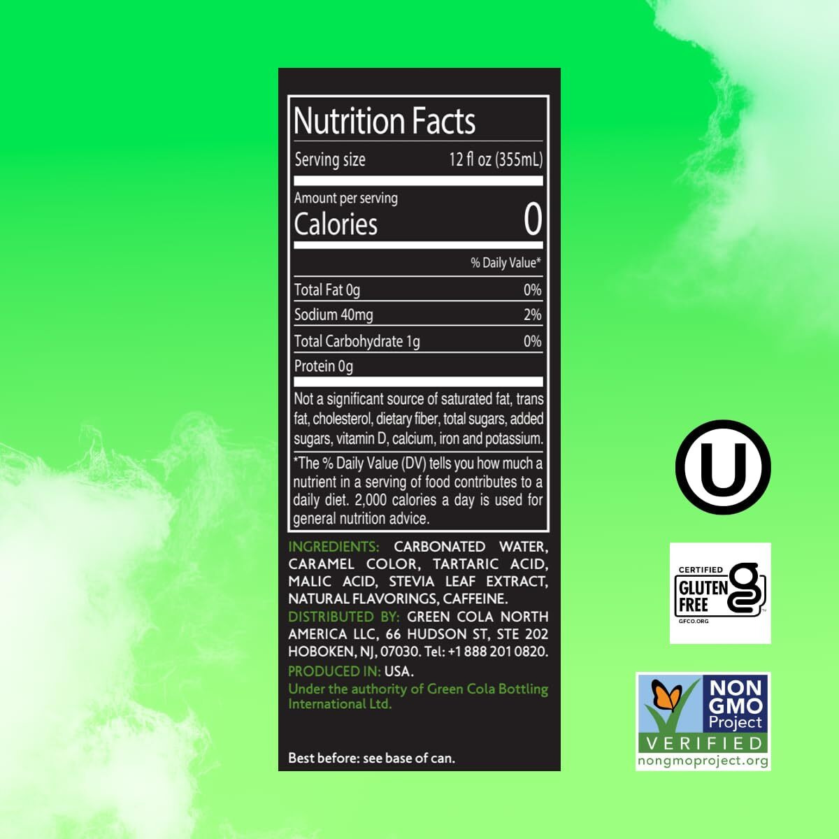 Green Cola - Sugar Free, Zero Calories, Naturally Sweetened With 100% Stevia Leaf Extract, Carbonated Soda, 100% Cola Taste, 12 Fl Oz Each Can - Pack Of 8