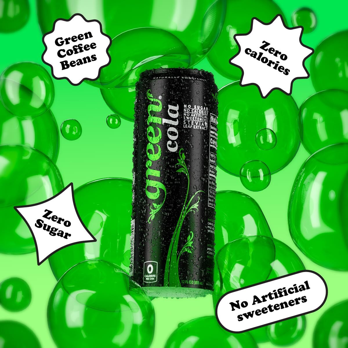 Green Cola - Sugar Free, Zero Calories, Naturally Sweetened With 100% Stevia Leaf Extract, Carbonated Soda, 100% Cola Taste, 12 Fl Oz Each Can - Pack Of 8