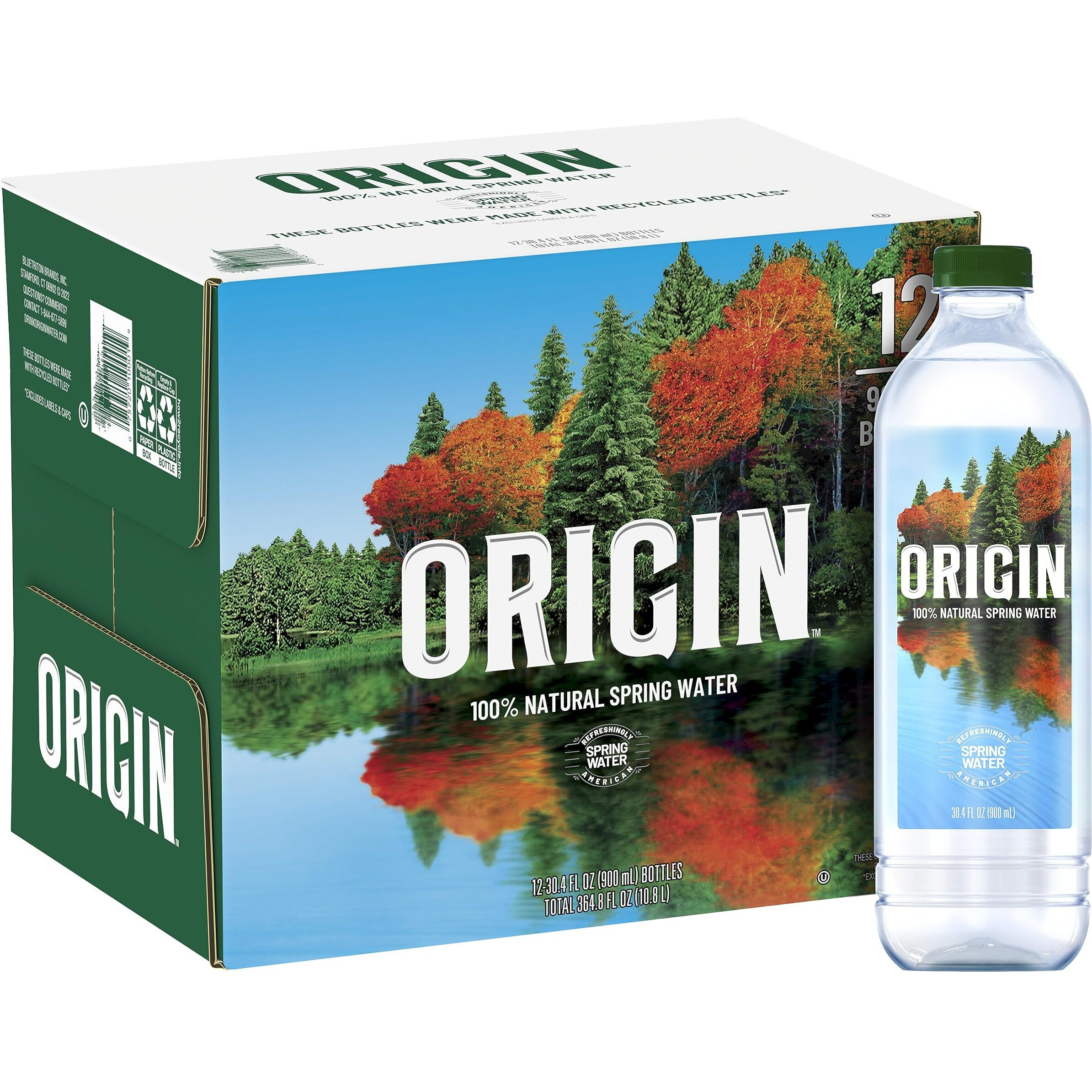 Origin, 100% Natural Spring Water, 900 Ml, Recycled Plastic Bottle, 30.4 Fl Oz (Pack Of 12)