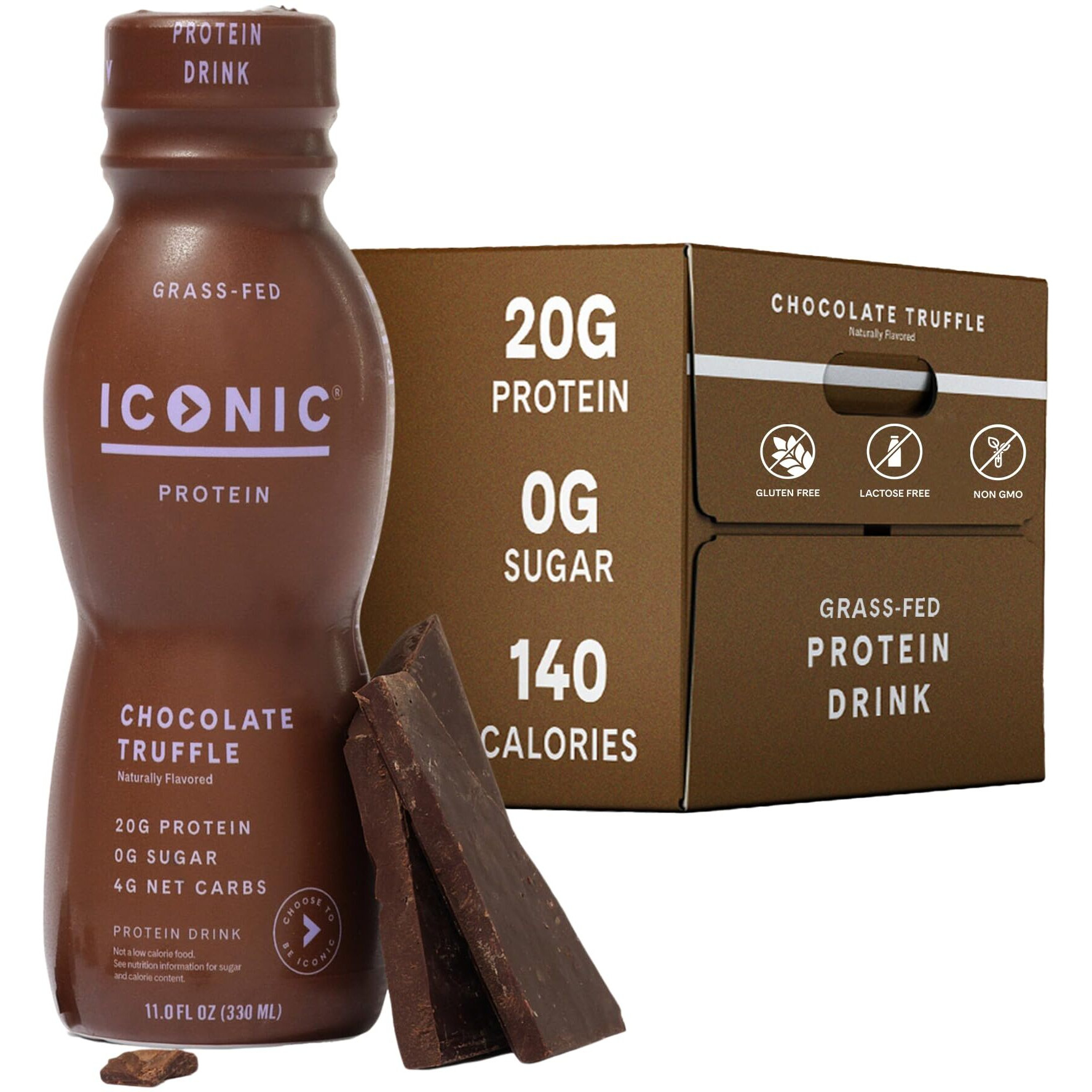 Iconic Protein Drinks, Chocolate Truffle (12 Pack) - Sugar Free & Low Carb - 20G Grass Fed Protein - Lactose Free, Gluten Free, Non-Gmo, Kosher - Keto Friendly Protein Shakes