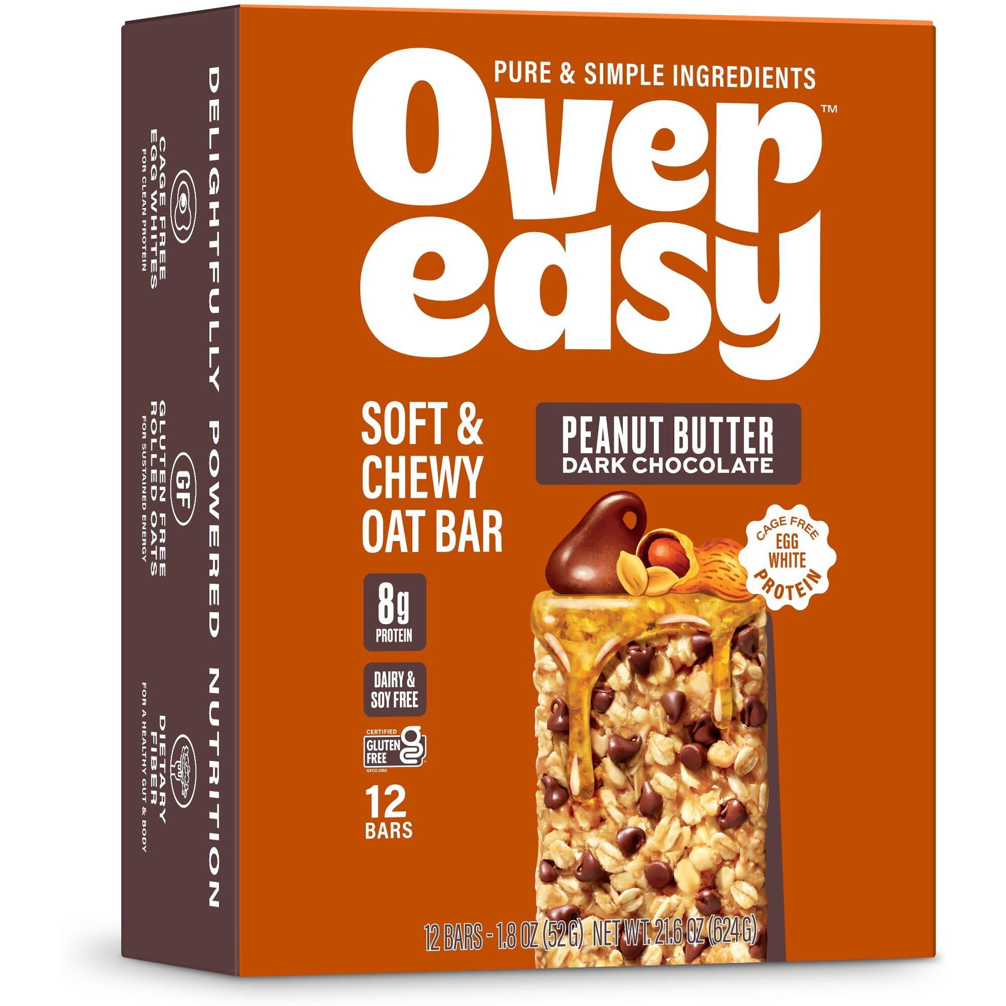 Over Easy Peanut Butter Dark Chocolate Soft And Chewy Oatmeal Breakfast Bars - Granola And Protein Bars - 12 Energy Snack Bars - Clean, Gluten Free, Dairy Free, Soy Free And Kosher