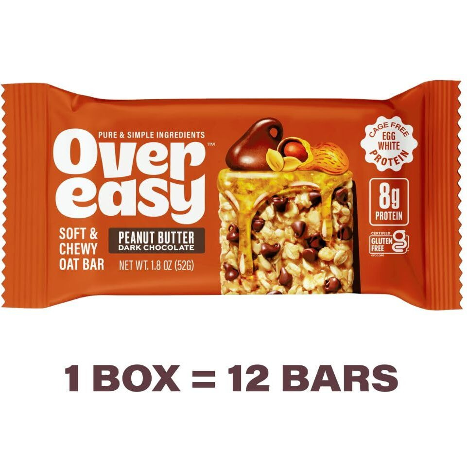 Over Easy Peanut Butter Dark Chocolate Soft And Chewy Oatmeal Breakfast Bars - Granola And Protein Bars - 12 Energy Snack Bars - Clean, Gluten Free, Dairy Free, Soy Free And Kosher