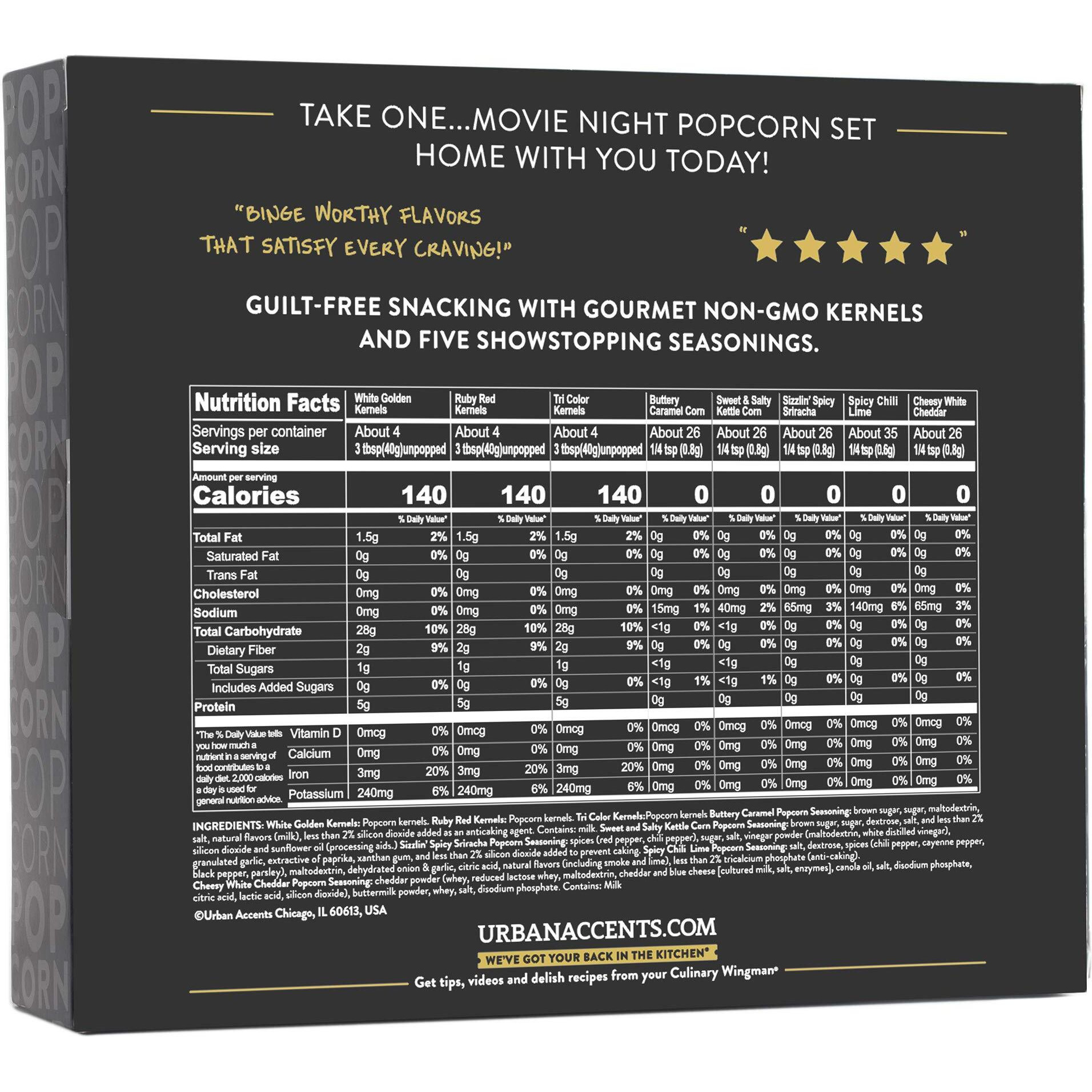 Urban Accents Movie Night Popcorn Kernels And Popcorn Seasoning Variety Pack (Set Of 8) - 3 Non-Gmo Popcorn Kernel Packs And 5 Gourmet Popcorn Snack Seasoning