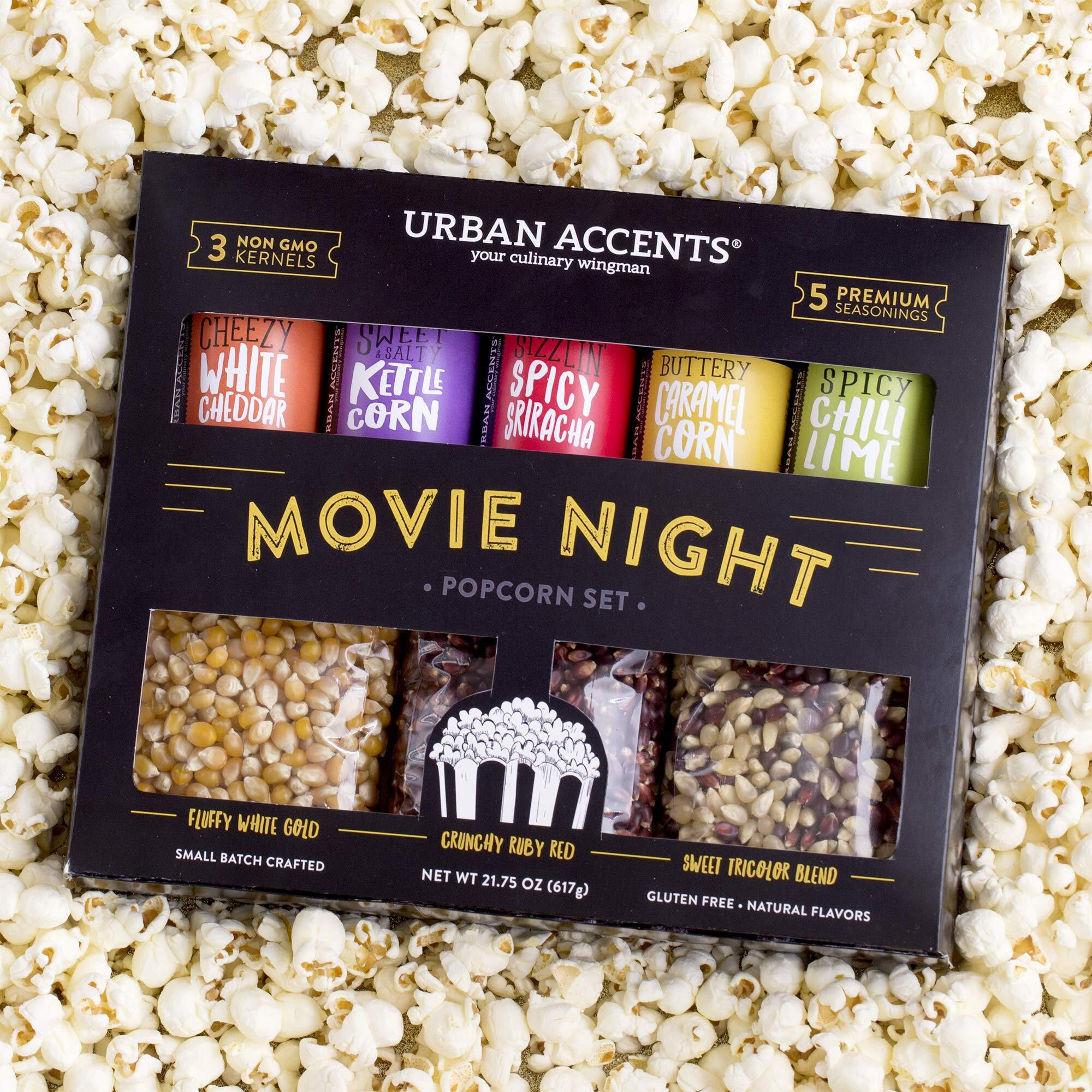 Urban Accents Movie Night Popcorn Kernels And Popcorn Seasoning Variety Pack (Set Of 8) - 3 Non-Gmo Popcorn Kernel Packs And 5 Gourmet Popcorn Snack Seasoning