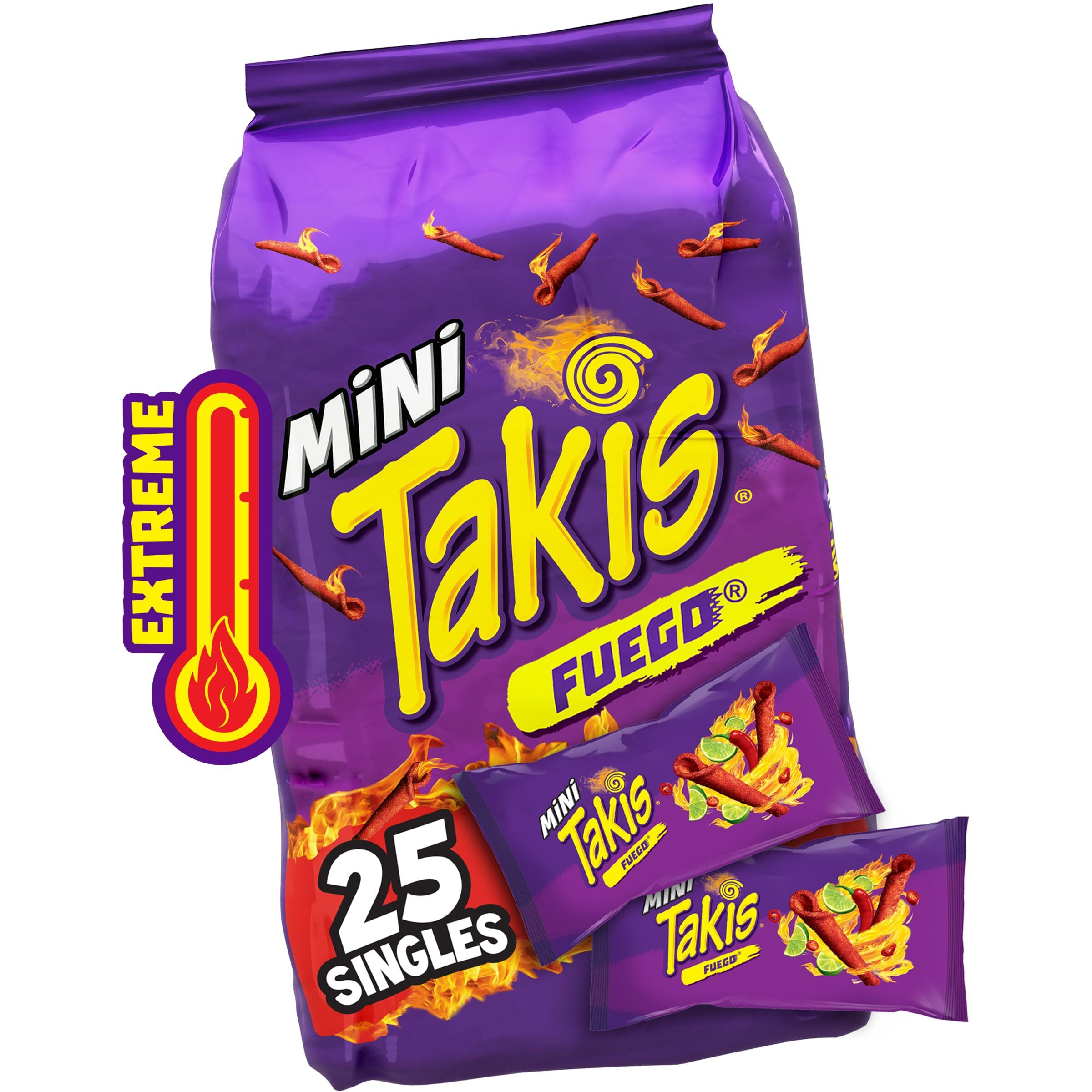 Takis Fuego Mini 25 Pc / 1.23 Oz Bite Size Multipack, Hot Chili Pepper & Lime Flavored Extreme Spicy Rolled Tortilla Chips