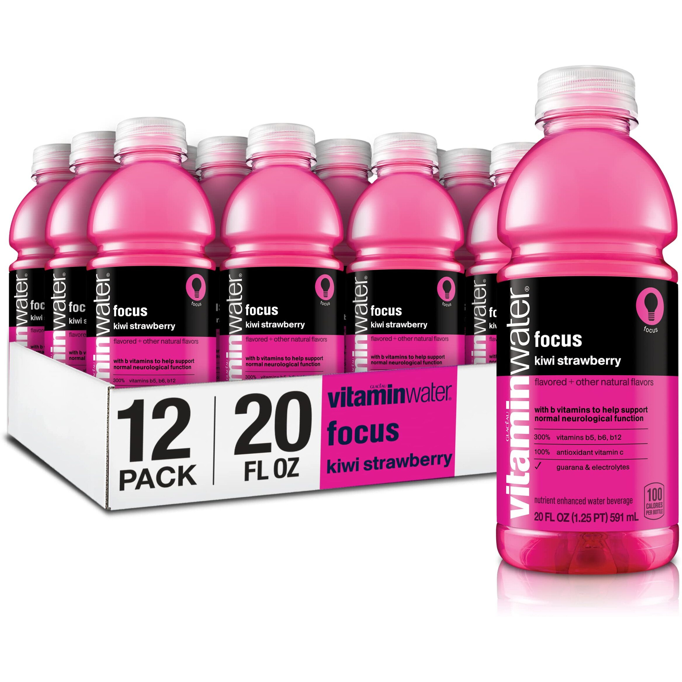 Vitaminwater Focus Electrolyte Enhanced Water W/Vitamins, Kiwi-Strawberry Drinks, 20 Fl Oz, 12 Pack