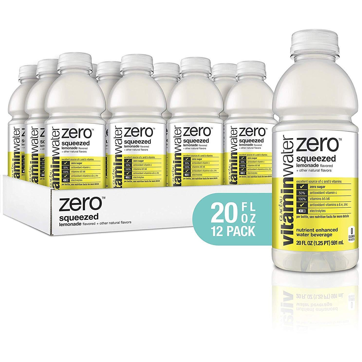 Vitaminwater Zero Sugar Squeezed, Electrolyte Enhanced Water W/Vitamins, Lemonade Drinks, 20 Fl Oz, 12 Pack
