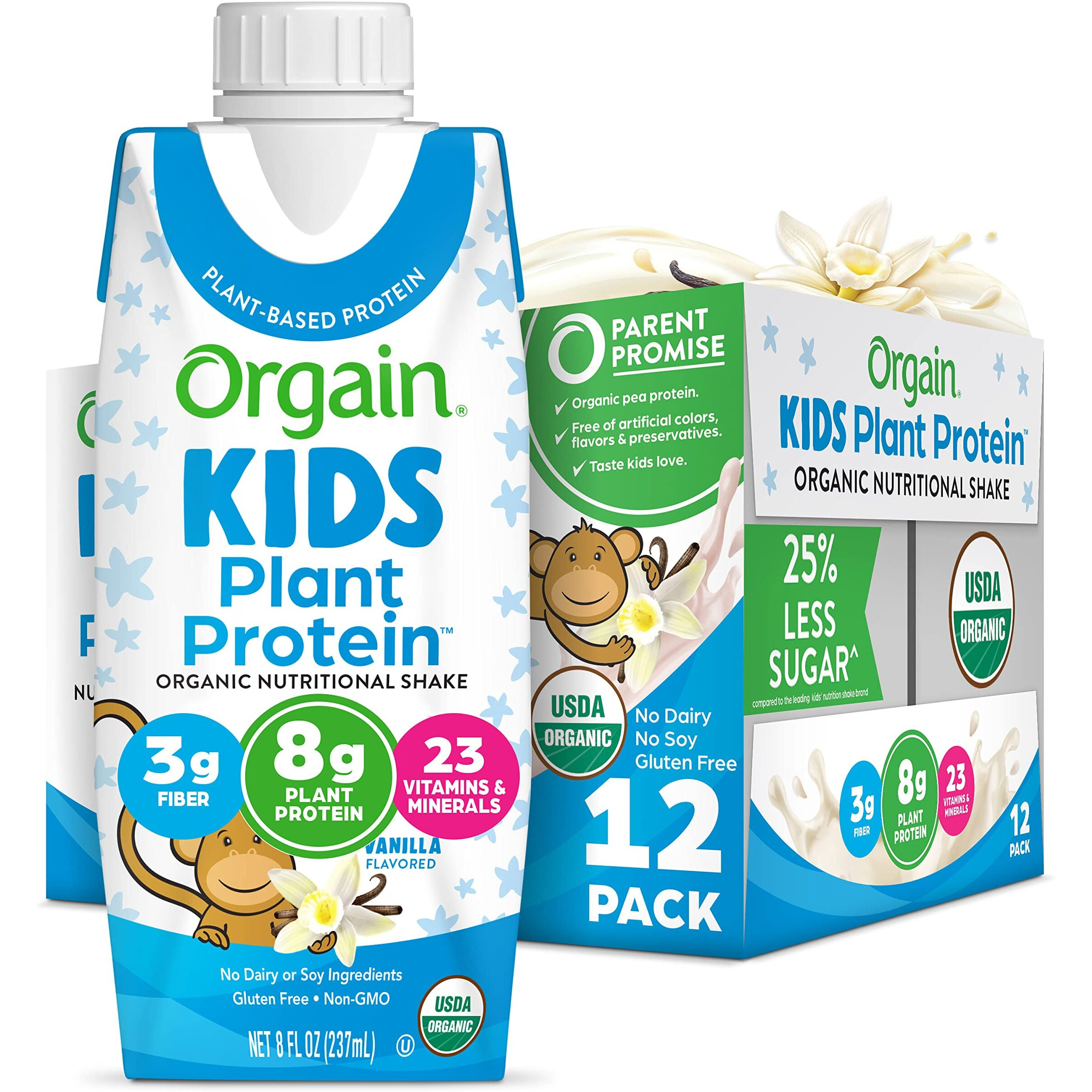Orgain Organic Kids Nutritional Vegan Protein Shake, Vanilla - Healthy Kids Snacks, 8G Plant Protein, 3G Fiber, 23 Vitamins & Minerals, No Dairy & Soy Ingredients, Non-Gmo, 8 Fl Oz (Pack Of 12)