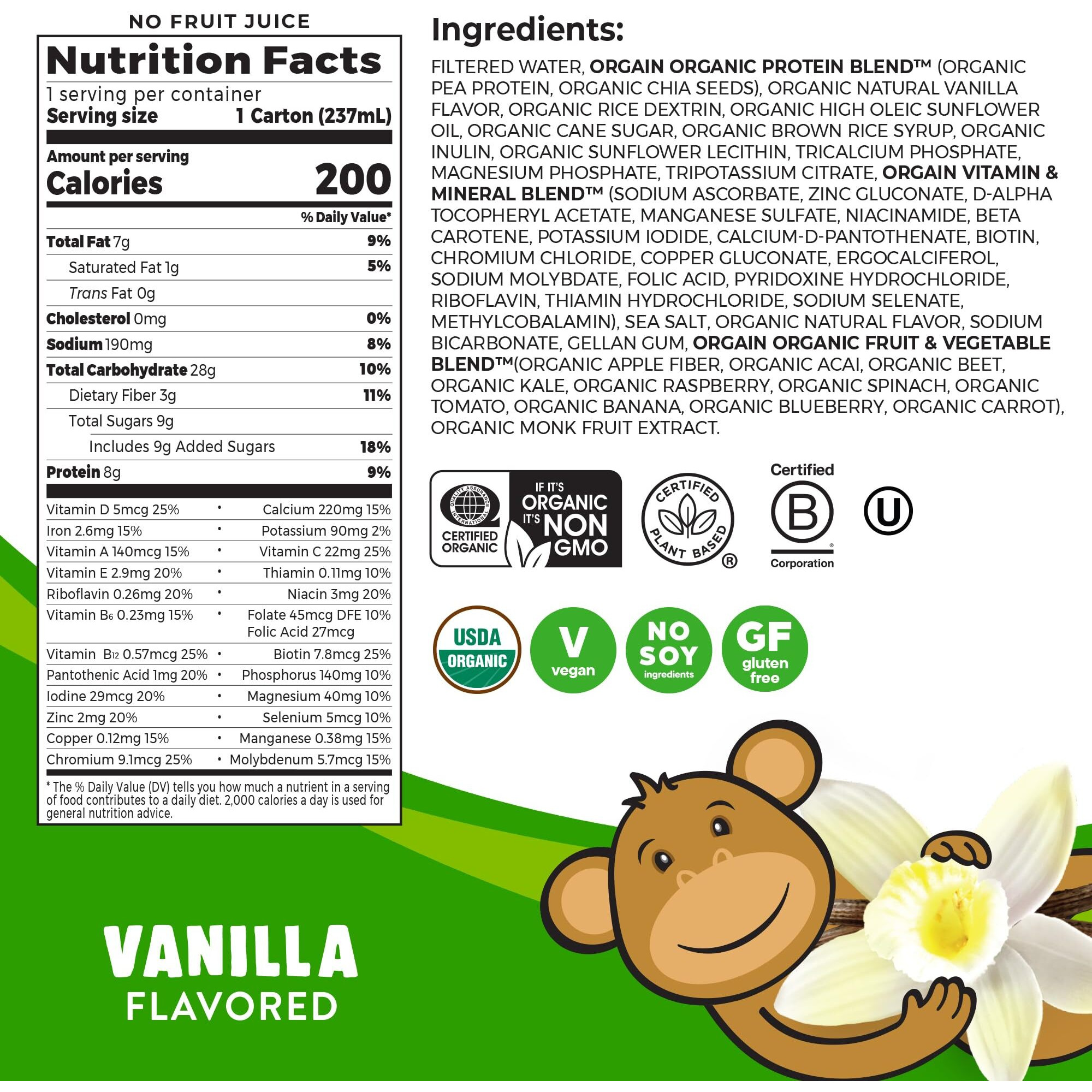 Orgain Organic Kids Nutritional Vegan Protein Shake, Vanilla - Healthy Kids Snacks, 8G Plant Protein, 3G Fiber, 23 Vitamins & Minerals, No Dairy & Soy Ingredients, Non-Gmo, 8 Fl Oz (Pack Of 12)