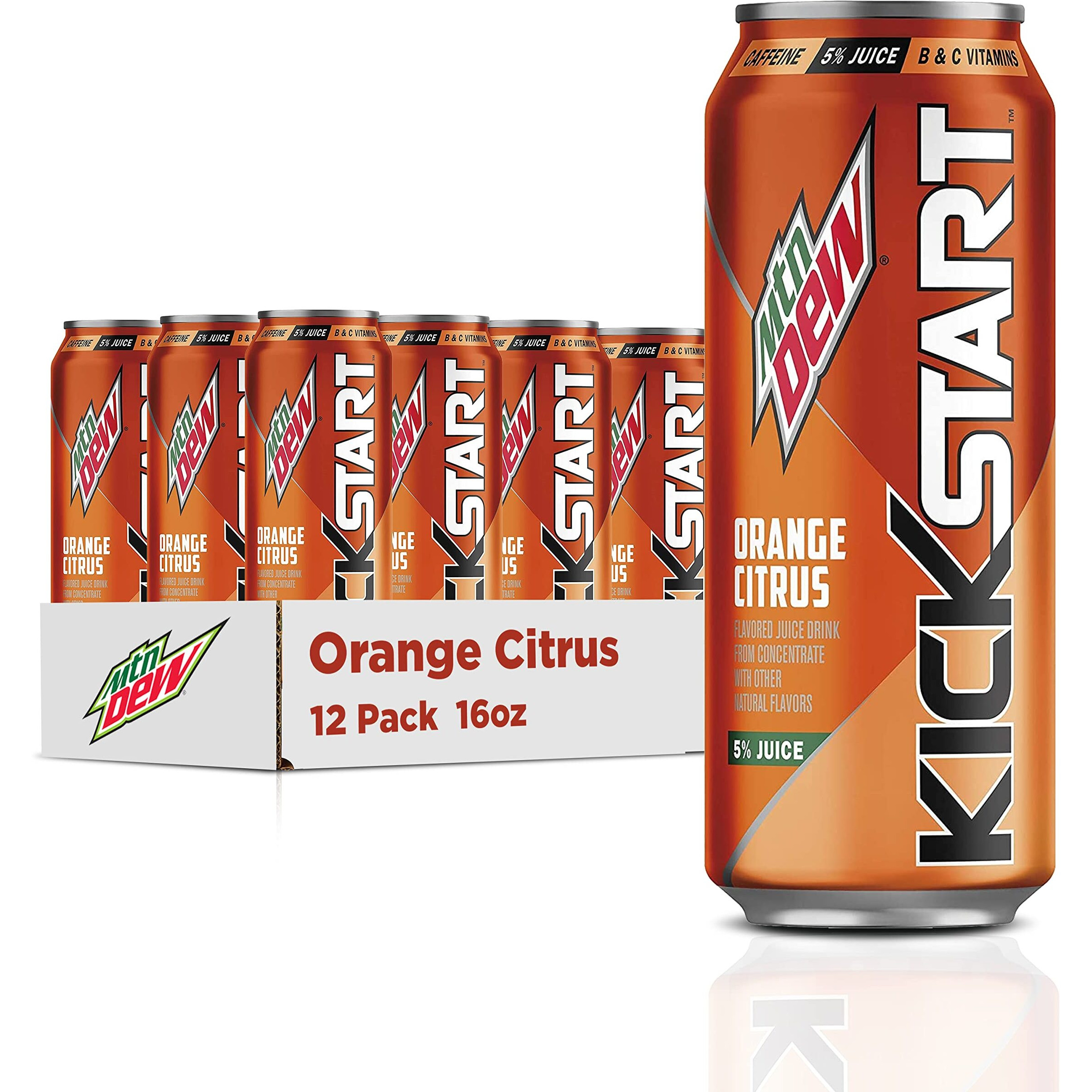 Mountain Dew Kickstart, Orange Citrus, 92Mg Caffeine, Vitamins B & C, 80 Calories, 5% Juice, 16 Fl Oz (Pack Of 12)